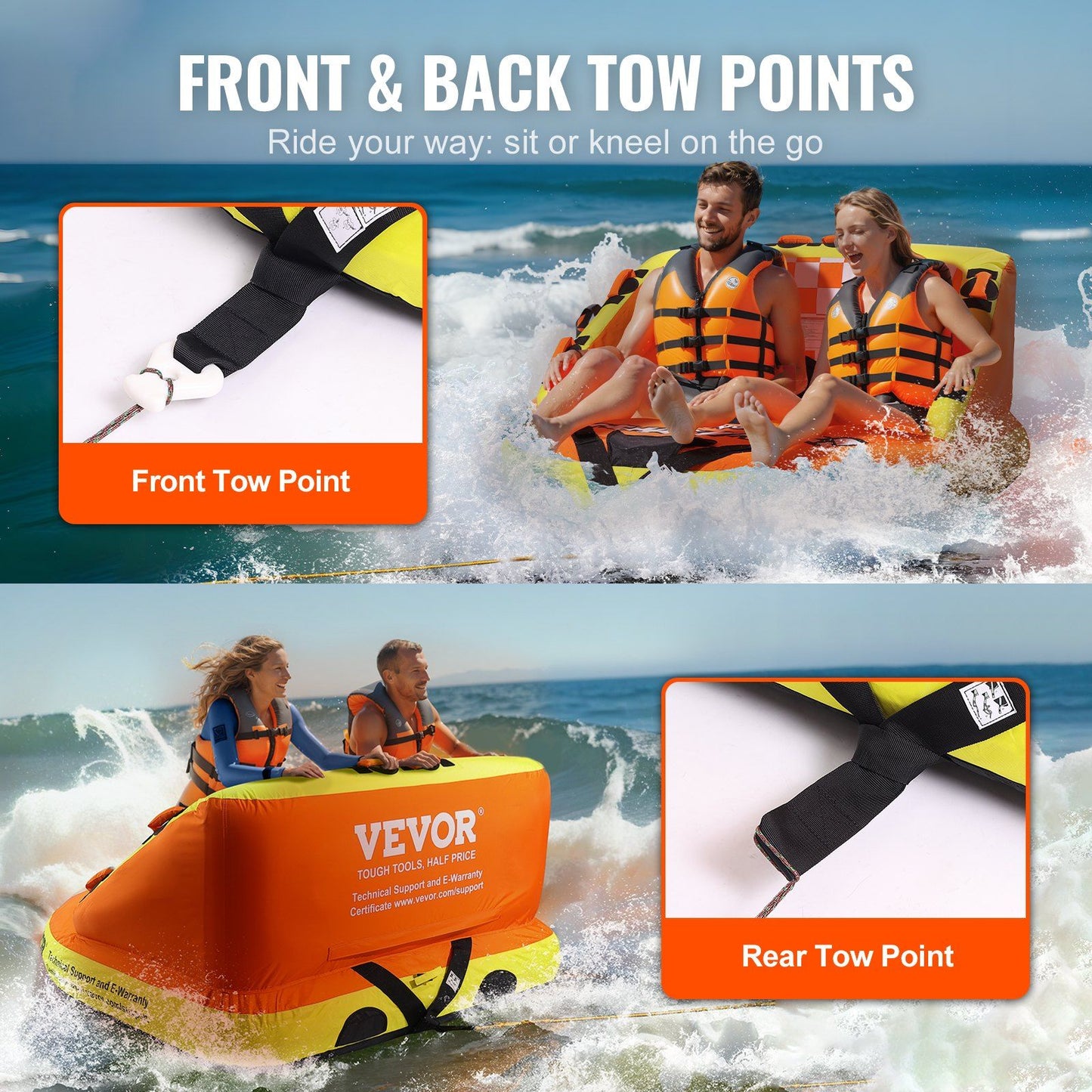 VEVOR Towable Tube for Boating, 1-2 Riders Inflatable Towable Tubes with Deck Seats and Backrest, 340 lbs Water Sport Tube for Boat to Pull, Full Nylon Cover, EVA Grab Handles and Speed Safety Valve - Discount Msrp