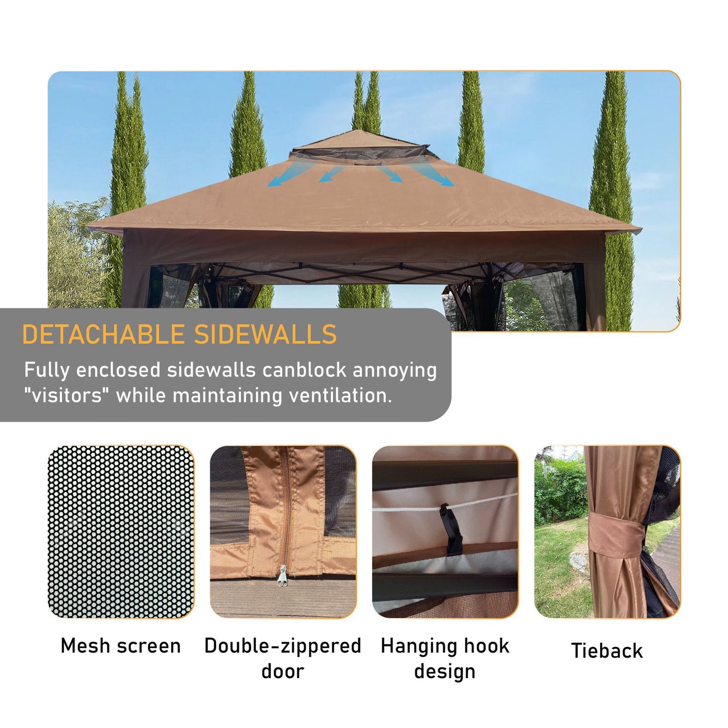Outdoor 11x 11Ft Pop Up Gazebo Canopy With Removable Zipper Netting,2-Tier Soft Top Event Tent,Suitable For Patio Backyard Garden Camping Area with 4 Sandbags,Brown - Discount Msrp