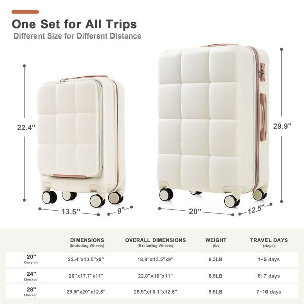 Luggage Sets 3 Piece, 20-inch with USB Port and front opening design, ABS Hard Shell Luggage with Spinner Wheels, Cup Holder, white - Discount Msrp