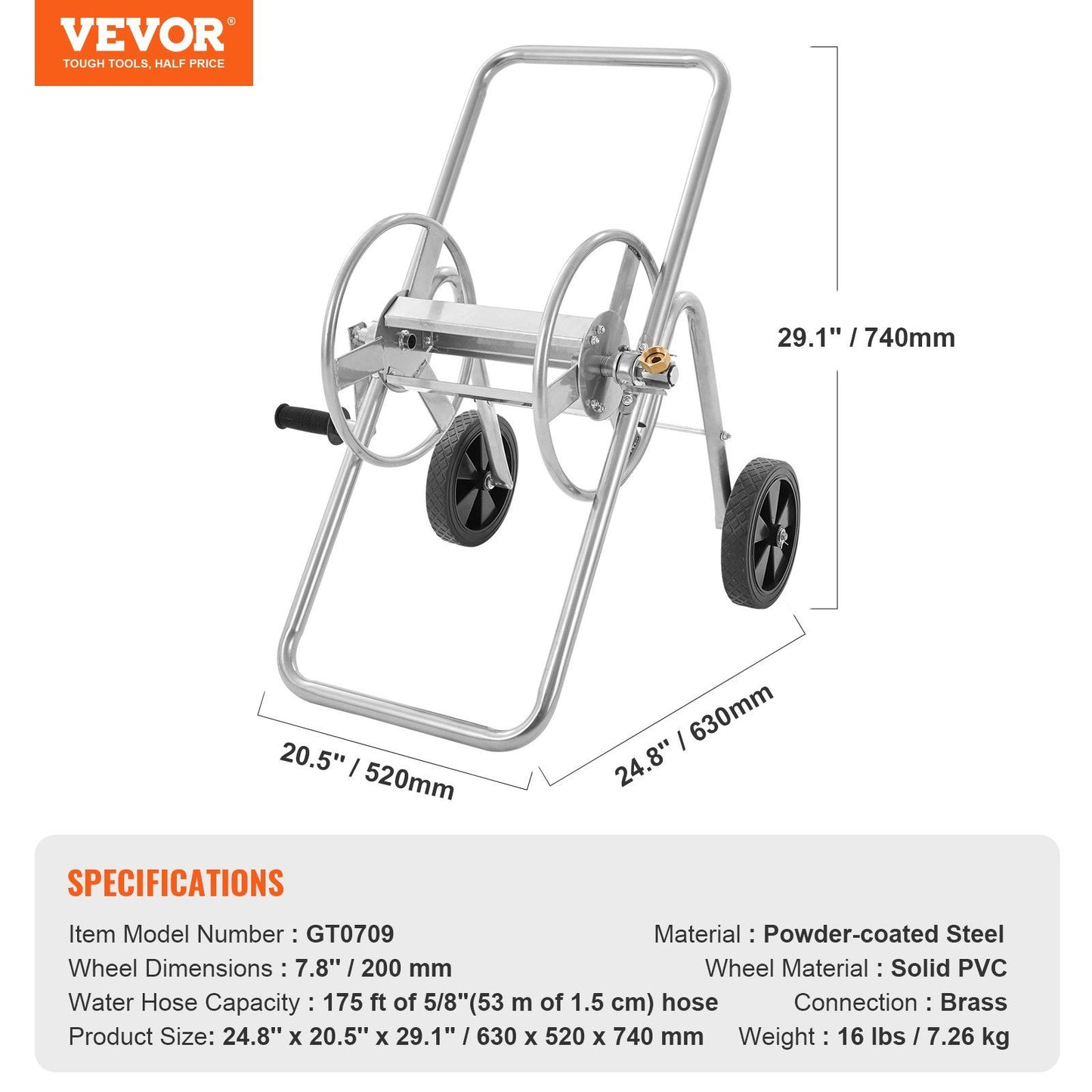 VEVOR Hose Reel Cart, Hold Up to 175 ft of 5/8'' Hose (Hose Not Included), Garden Water Hose Carts Mobile Tools with Wheels, Heavy Duty Powder-coated Steel Outdoor Planting for Garden, Yard, Lawn - Discount Msrp