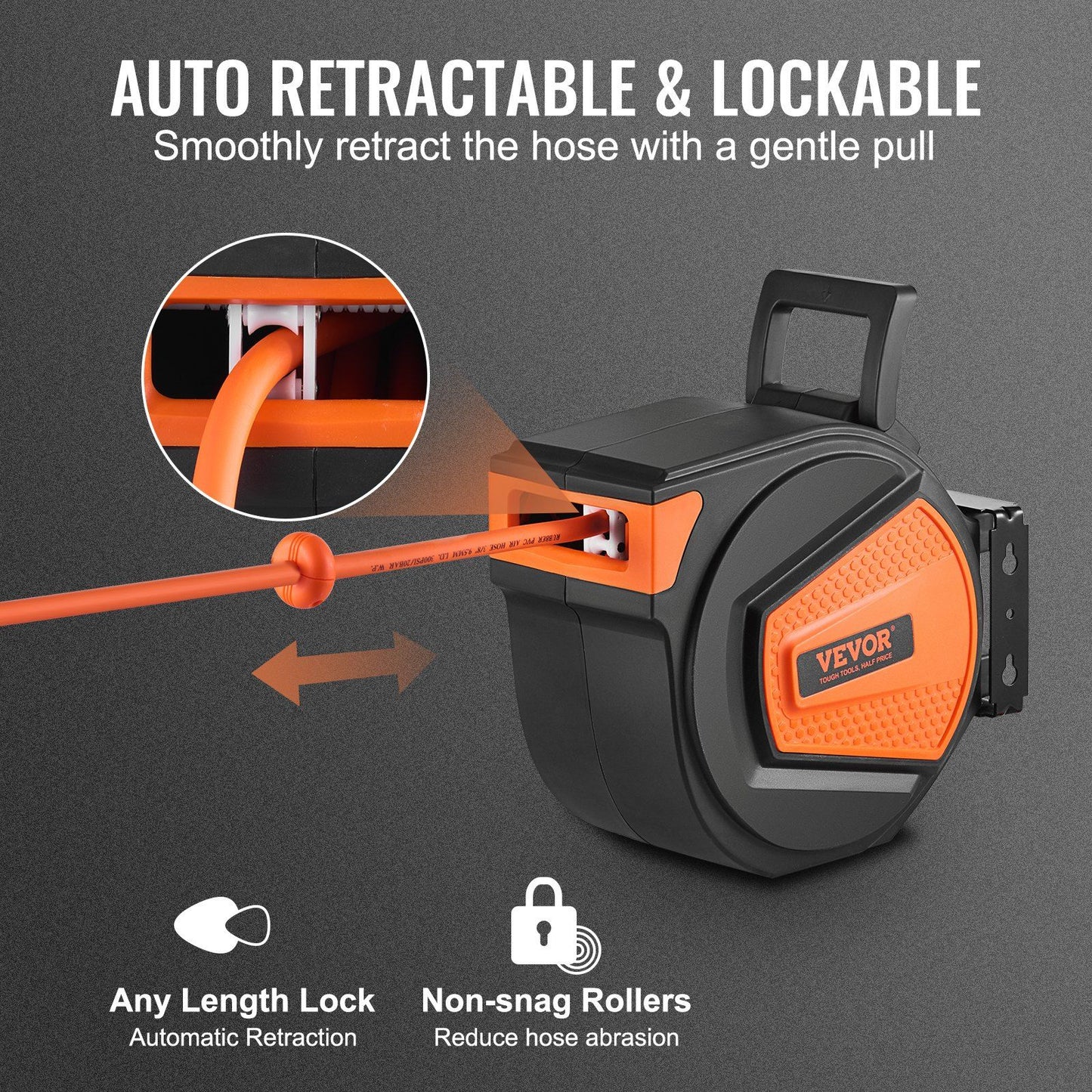 VEVOR Retractable Air Hose Reel, 3/8 IN x 50 FT Hybrid Air Hose Max 300PSI, Air Compressor Hose Reel with 5 ft Lead in, Ceiling / Wall Mount Enclosed Air Reel, 180° Swivel Mount - Discount Msrp