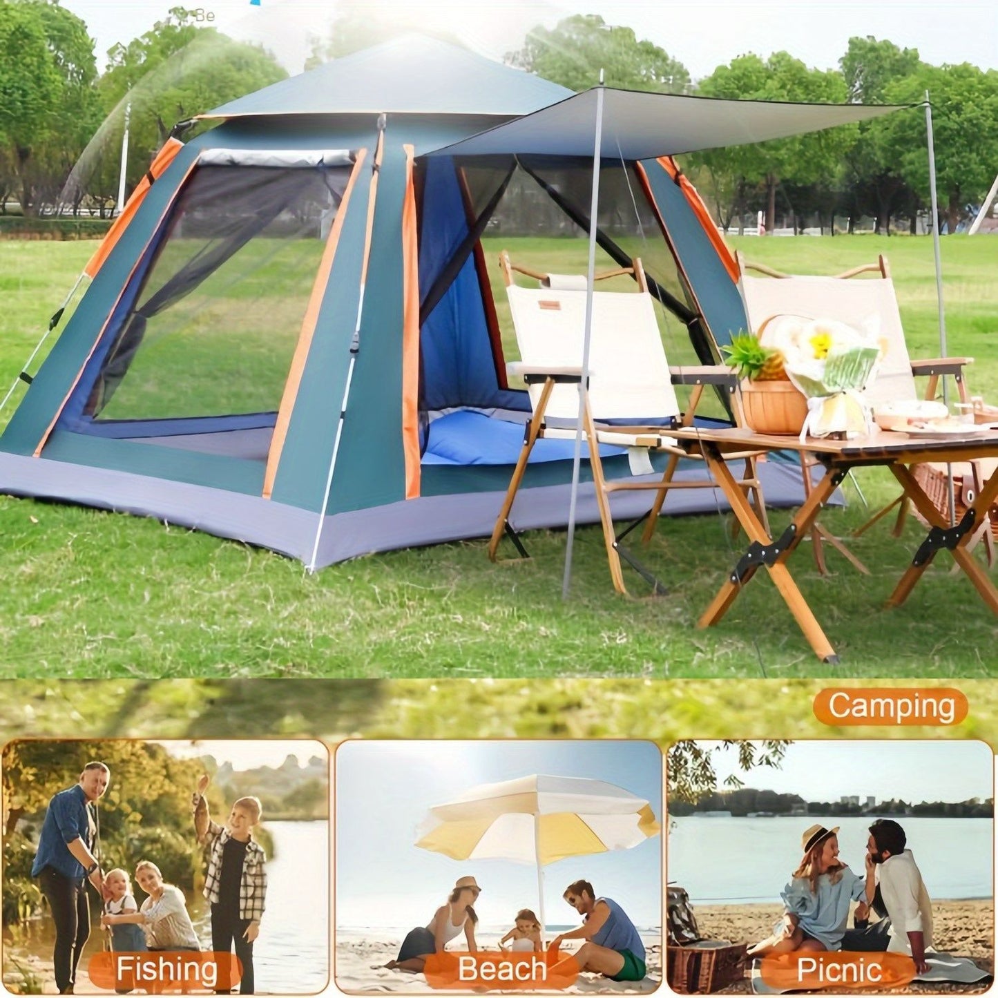 Muti-Person Outdoor Automatic Quick Opening Camping Tent with Mesh Windows. Made of Oxford Fabric, Comes with Portable Bag & Moisture - Proof Mat. Ideal for Family Camping, Fishing, Hunting - Discount Msrp