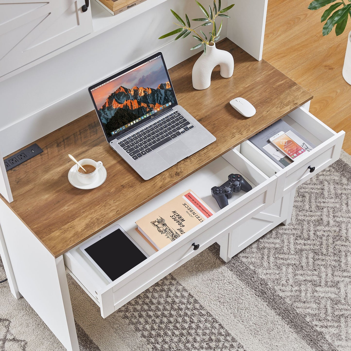 52" Farmhouse Executive Desk with Drawers, Wood Home Office Desk w/Charging Station, File Drawer, Storage Cabinet, Rustic Computer Writing Desk (Antique White) - Discount Msrp
