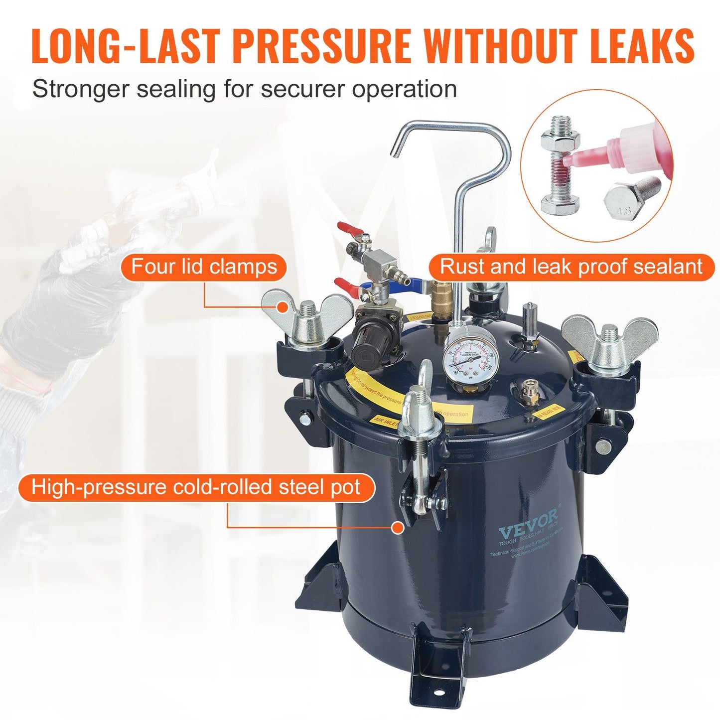 VEVOR 10L/2.5gal Spray Paint Pressure Pot Tank, 70PSI Max Air Paint Pressure Pot, Metal Rack and Leak Repair Sealant for Industry Home Decor Architecture Construction Automotive Painting - Discount Msrp