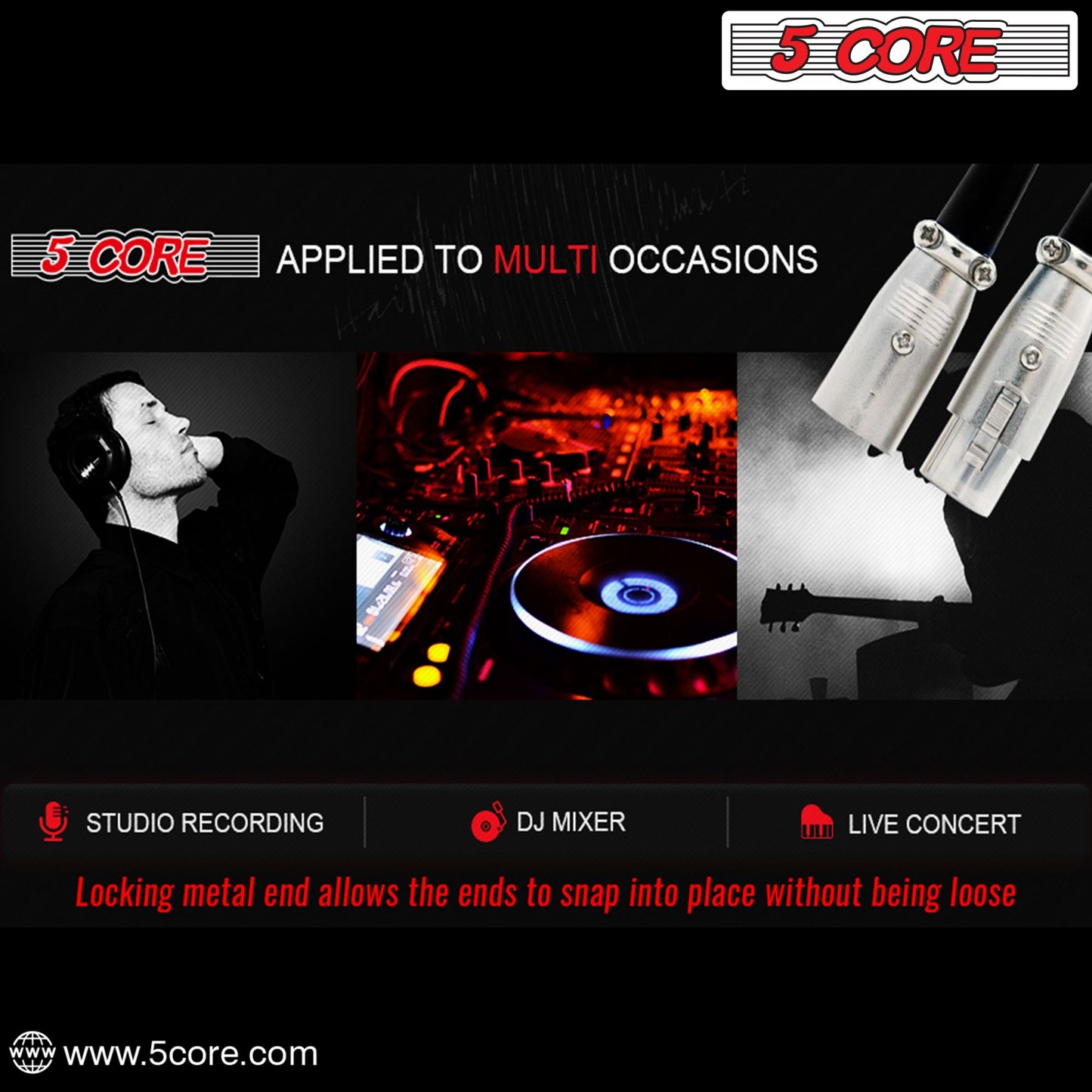 5Core XLR Connector Male Female to 1/4 Audio Jack 3 Pin Secure Mic Plug w Locking Ends - Discount Msrp