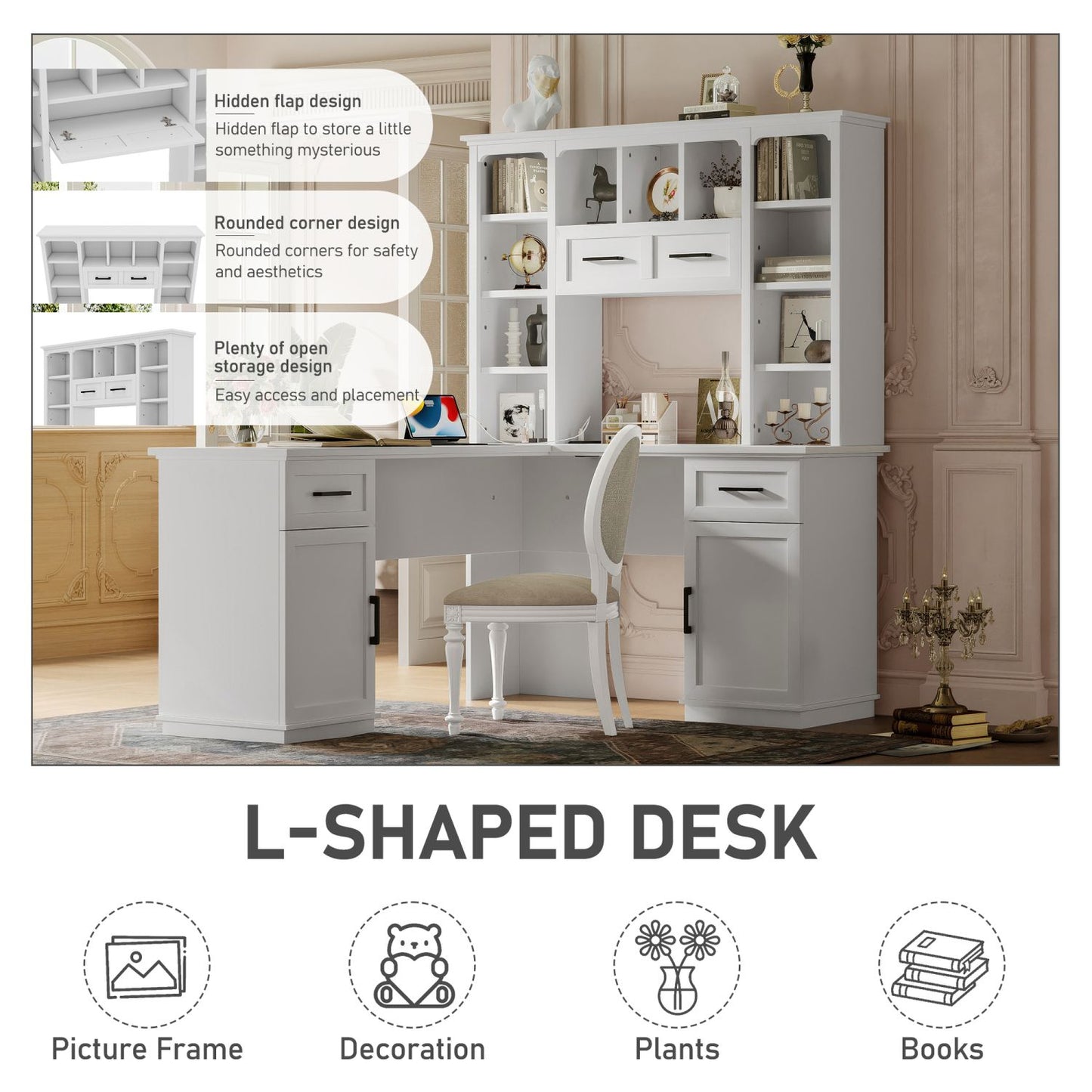 L-Shaped Computer Desk with 2 Cabinets and 2 Drawers, 11 Open Shelves and 1 Right Flip Shelf with Storage, with Power Outlet, for Study, Living Room and Office, White - Discount Msrp