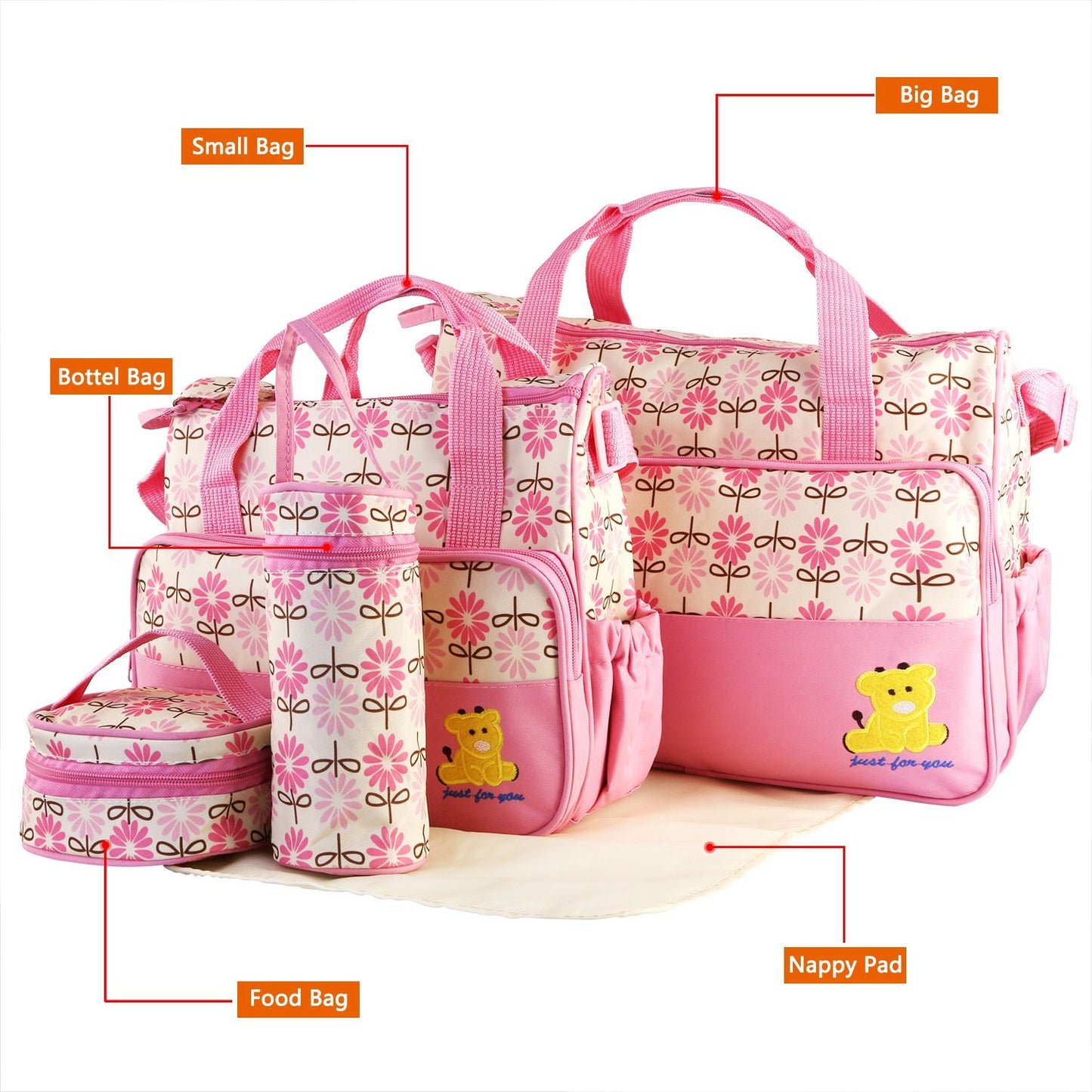 5PCS Baby Nappy Diaper Bags Set Mummy Diaper Shoulder Bags w/ Nappy Changing Pad Insulated Pockets Travel Tote Bags - Discount Msrp