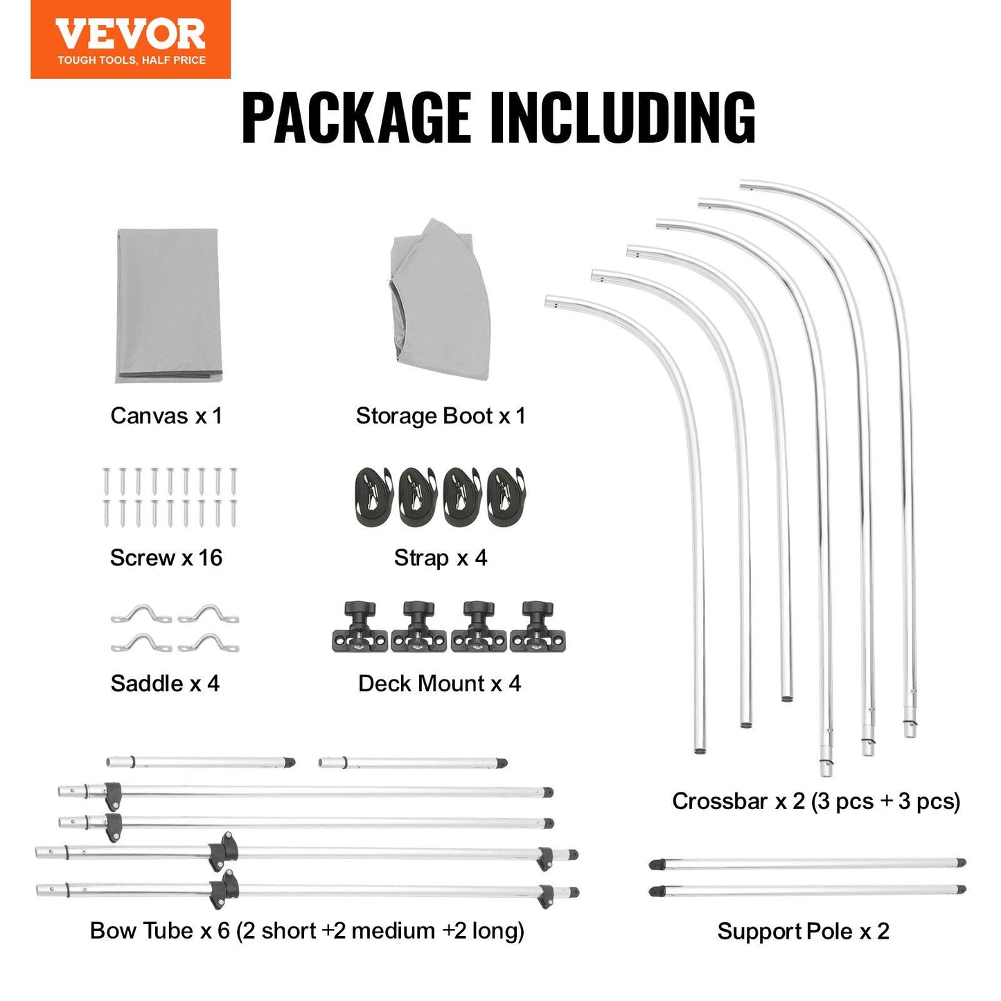 VEVOR 3 Bow Bimini Top Boat Cover, 900D Polyester Canopy with 1" Aluminum Alloy Frame, Waterproof and Sun Shade, Includes Storage Boot, 4 Straps, 2 Support Poles, 6'L x 46"H x 61"-66"W, Light Grey - Discount Msrp