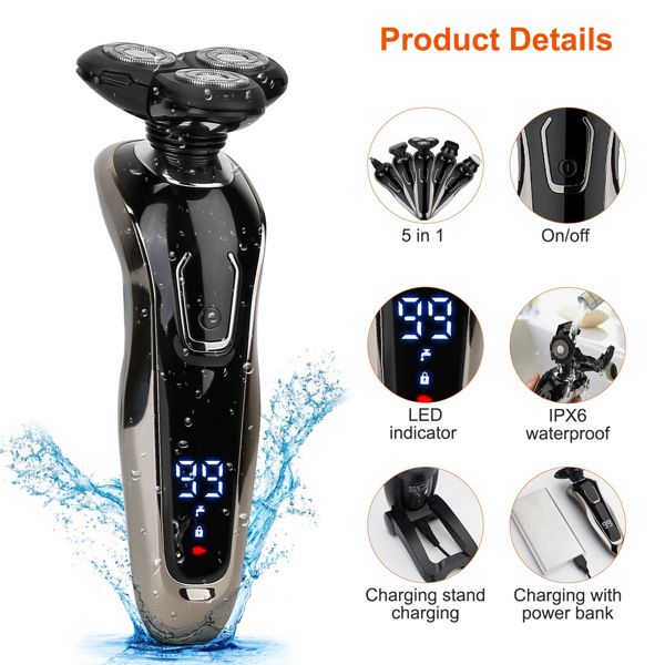 5 In 1 Electric Razor Shaver Rechargeable Cordless Head Beard Trimmer Shaver Kit IPX6 Waterproof Dry Wet Grooming Kit - Discount Msrp