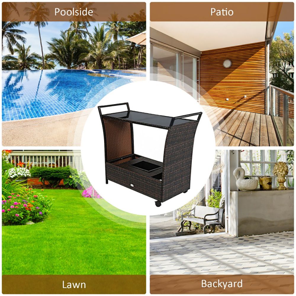 Patio Rattan Bar Serving Cart with Glass Top and Handle - Discount Msrp