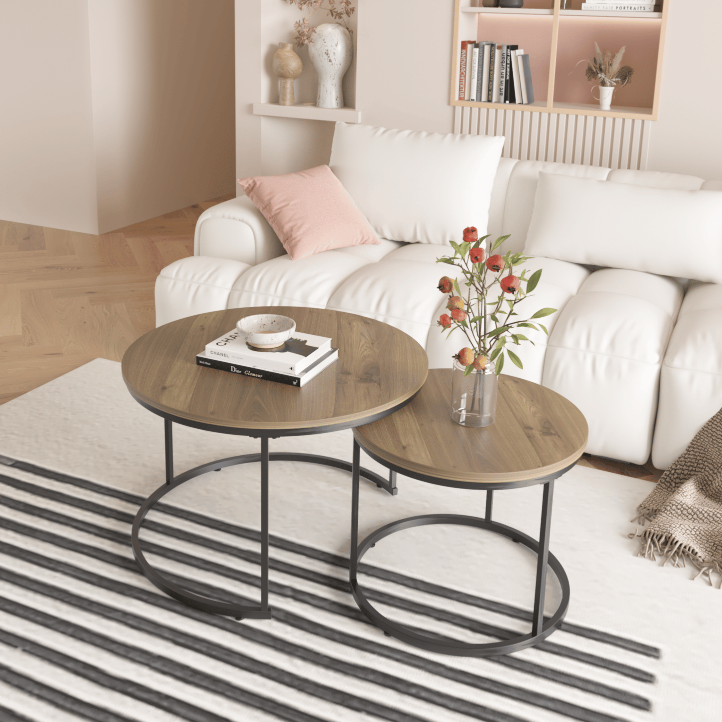 Nesting Coffee Table Set of 2, 27.6inch Round Coffee Table Industrial Wood Finish with Sturdy Metal Frame, End Table Side Tables for Living Room Bedroom Balcony Yard - Discount Msrp
