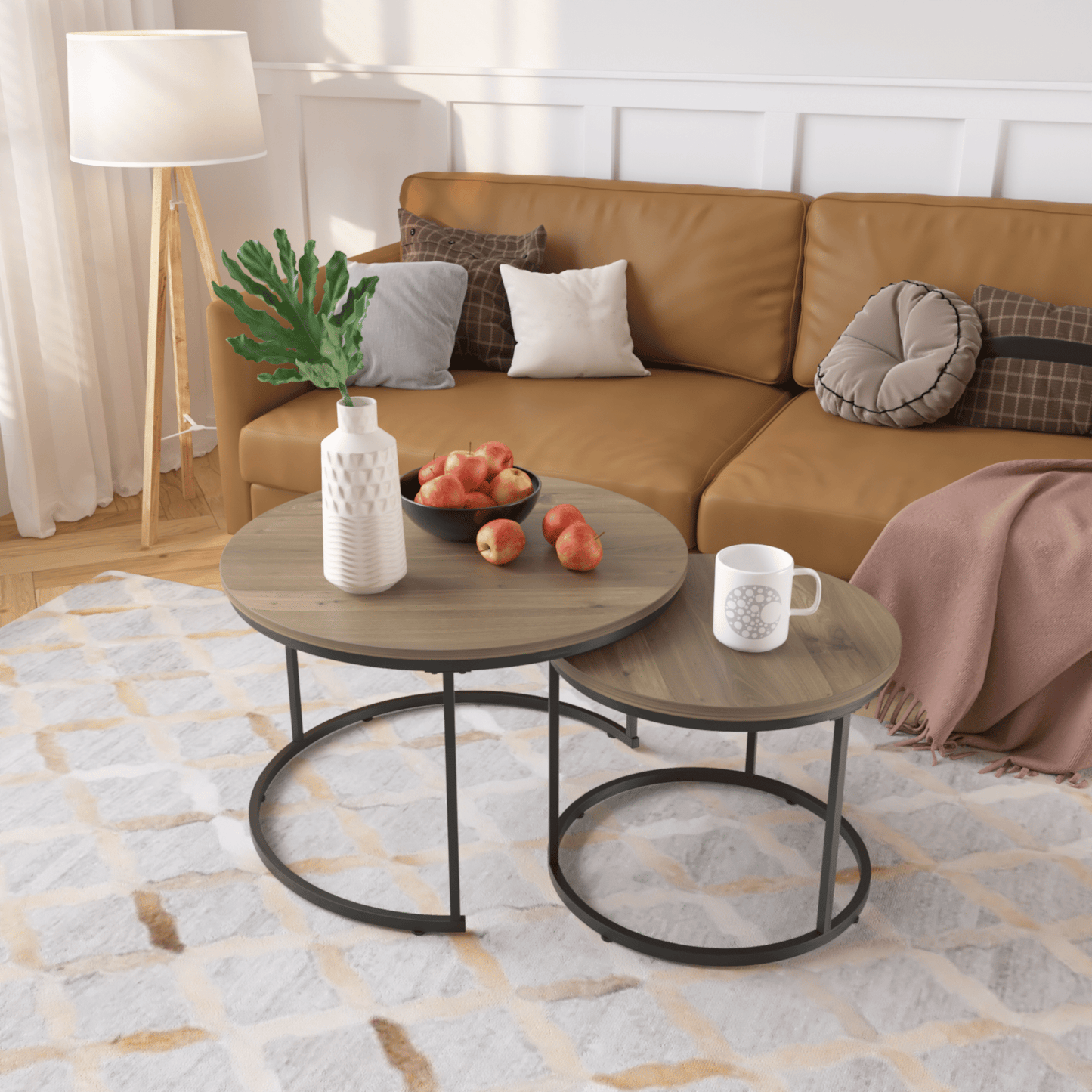 Nesting Coffee Table Set of 2, 27.6inch Round Coffee Table Industrial Wood Finish with Sturdy Metal Frame, End Table Side Tables for Living Room Bedroom Balcony Yard - Discount Msrp