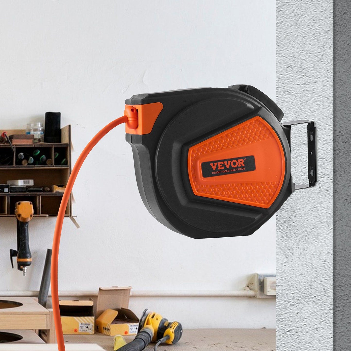 VEVOR Retractable Air Hose Reel, 3/8 IN x 50 FT Hybrid Air Hose Max 300PSI, Air Compressor Hose Reel with 5 ft Lead in, Ceiling / Wall Mount Enclosed Air Reel, 180° Swivel Mount - Discount Msrp