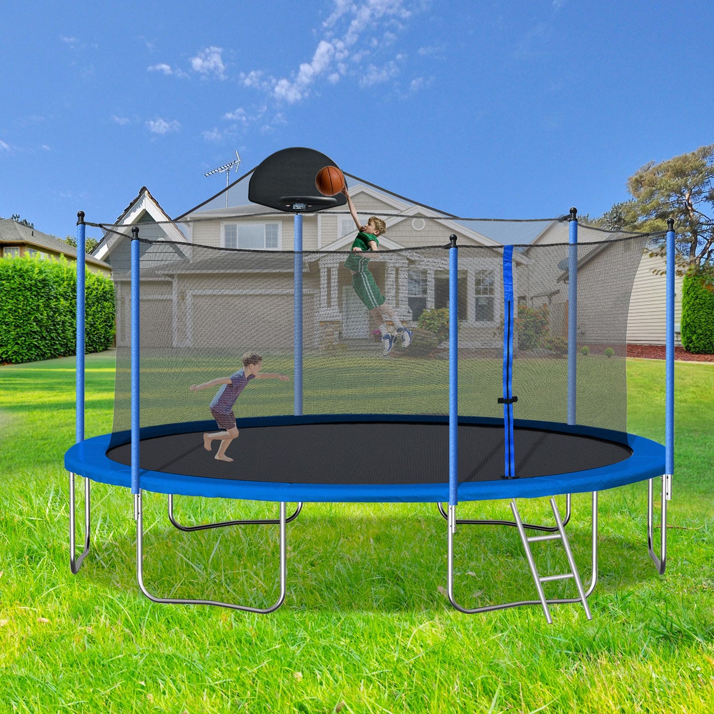 14FT Trampoline for Adults & Kids with Basketball Hoop, Outdoor Trampolines w/Ladder and Safety Enclosure Net for Kids and Adults - Discount Msrp