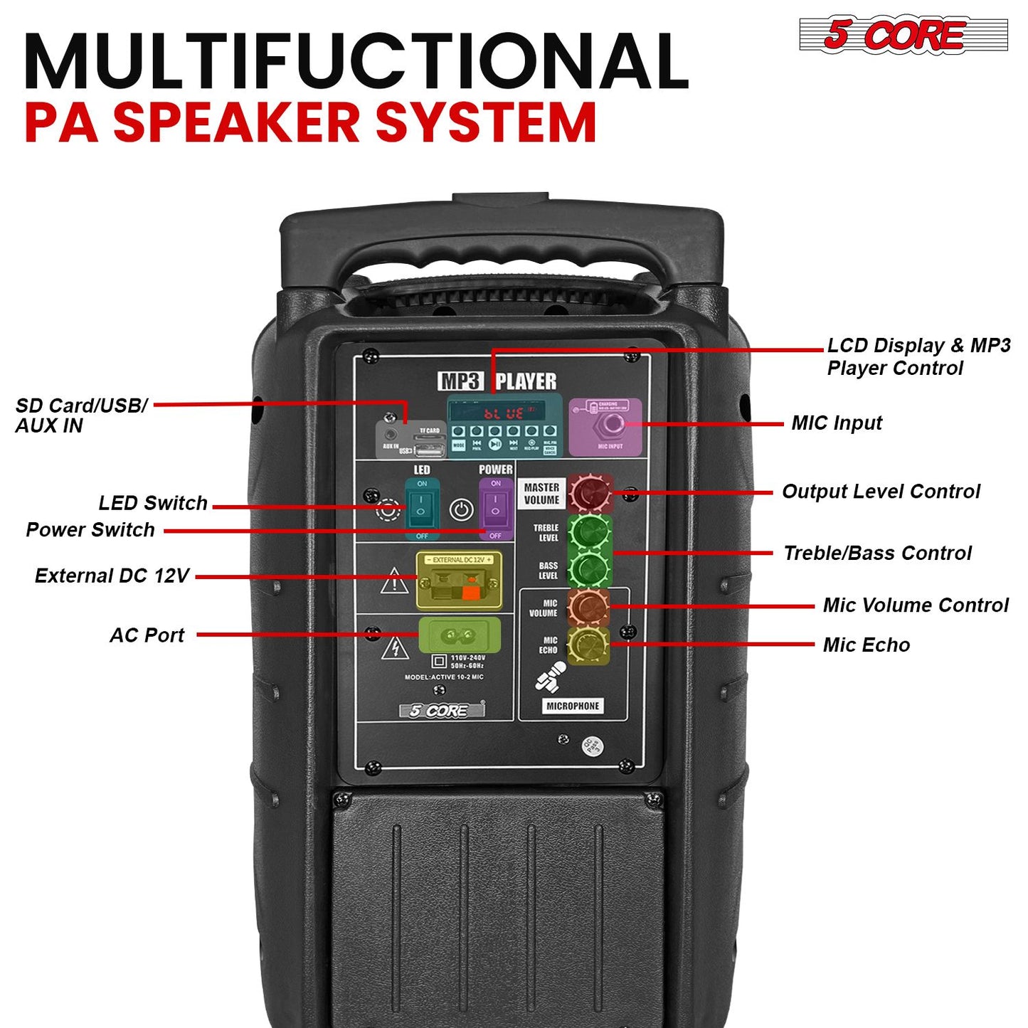 5 Core 10 inch PA Portable Bluetooth Party Speaker Karaoke Boombox + 2 Wireless Mics : ACTIVE HOME 10 2-MIC - Discount Msrp