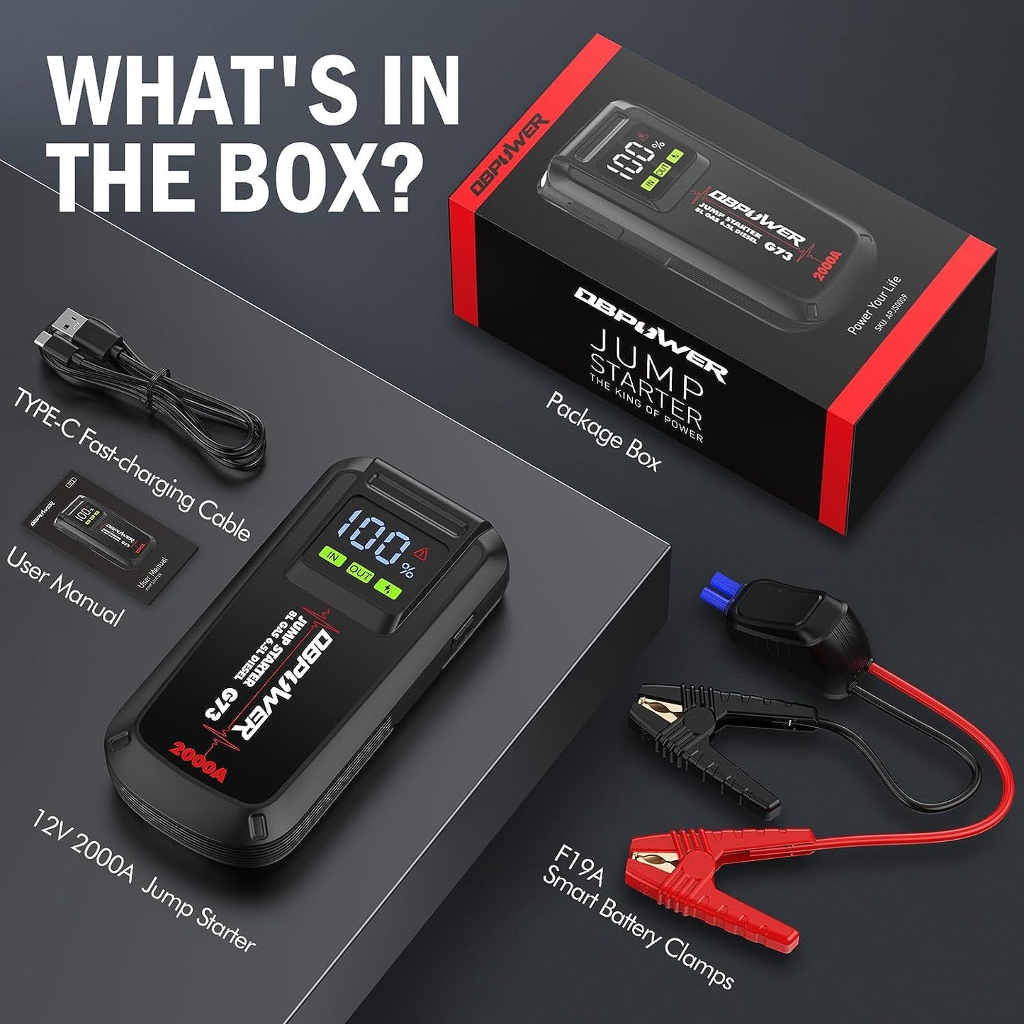 DBPOWER Jump Starter 2000A Peak Portable Car Jump Starter for Up to 8.0L Gas and 6.5L Diesel Engines, 12V Lithium Battery Booster Pack with 2.5" LCD Display, Smart Jumper Cables and LED Light - Discount Msrp