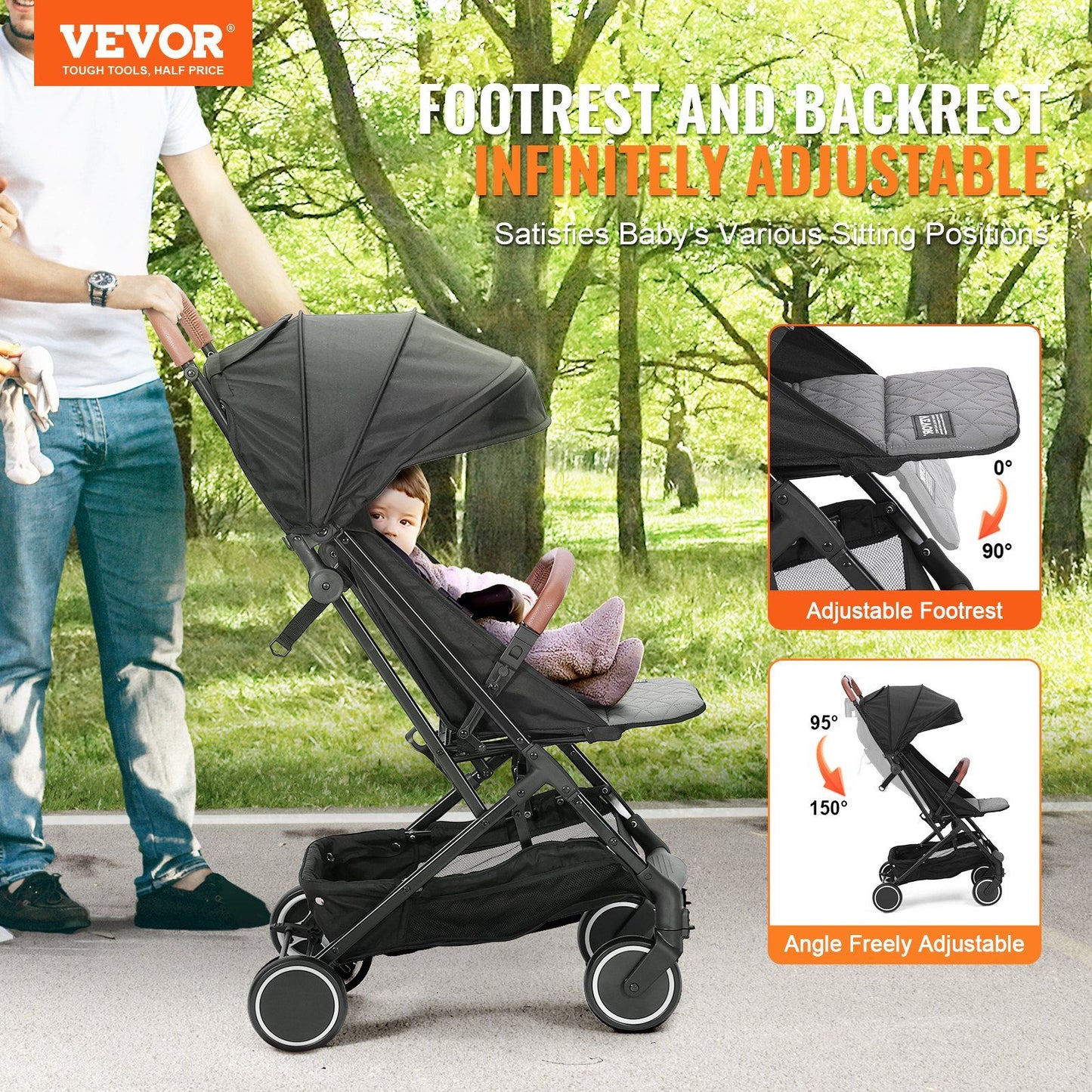 VEVOR Standard Baby Infant Stroller, Toddler Stroller with 95°-150° Adjustable Backrest & & 0/90°Adjustable Footrest & One-click Folding, Newborn Stroller with Cup Holder and Carry Bag, Black - Discount Msrp