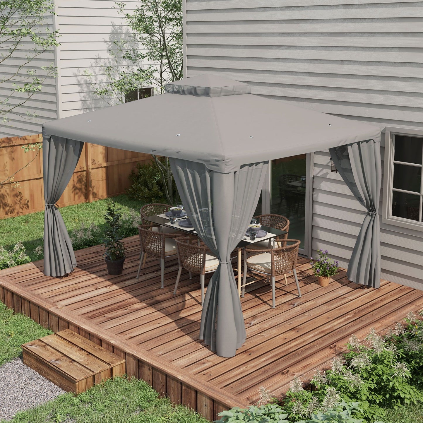 Outsunny 9.6' x 11.6' Patio Gazebo, Outdoor Canopy Shelter with 2-Tier Roof and Netting, Steel Frame for Garden, Lawn, Backyard, and Deck, Gray - Discount Msrp