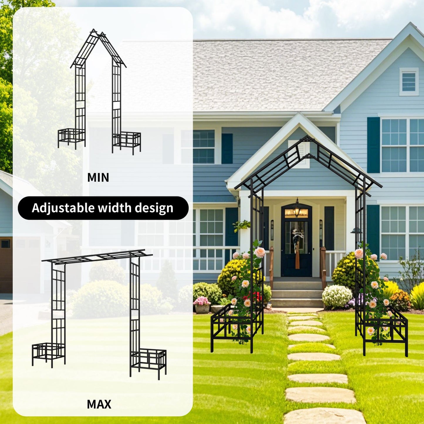 Metal Garden Arch with Adjustable Width W68.11''~W94.29'' Climbing Plants Support Rose Arch Outdoor Black - Discount Msrp