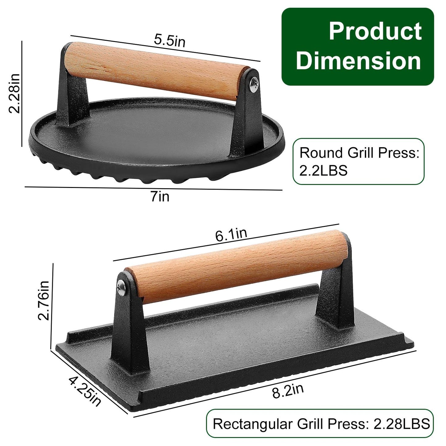 2Pcs Cast Iron Grill Press Pre-Seasoned Steak Weights Smash Burger Press Bacon Meat Smasher with Wood Handle 7in Round & 8.2x4.25in Rectangular Grill Press - Discount Msrp