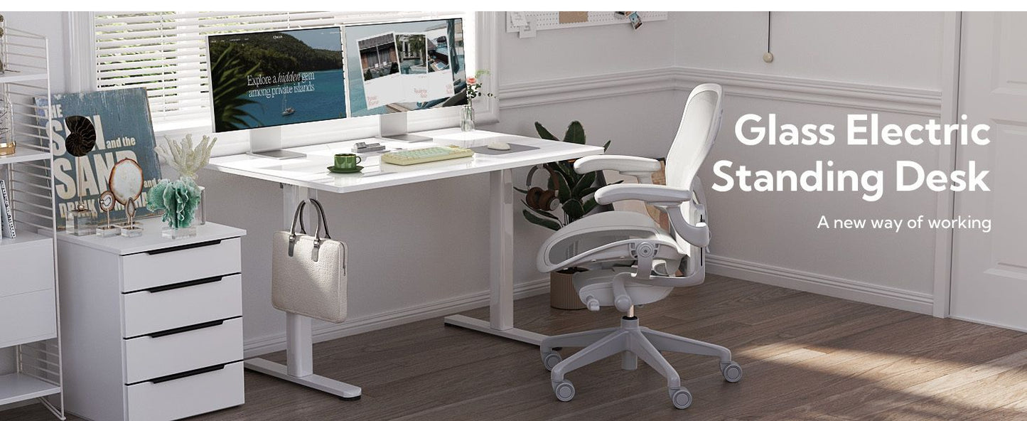 48 Inch Electric White Glass Standing Desk, Adjustable Height ,Quick Install Home Office Computer Desk, Stand Up Desk, - Discount Msrp