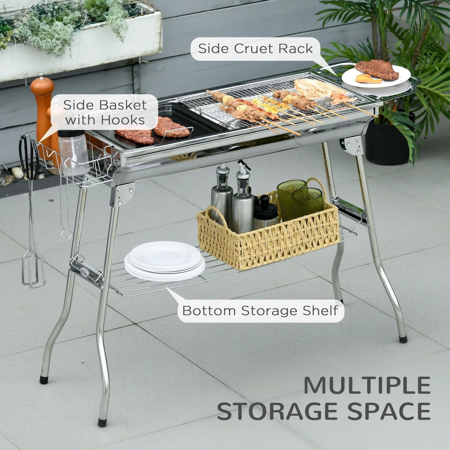 Outsunny Charcoal Grill, Stainless Steel Portable Folding BBQ, Outdoor Hibachi for Backyard Cooking, Camping, Picnic, Party, Tailgating and Travel with Pan, Grill Rack, Shelves, and Hooks - Discount Msrp