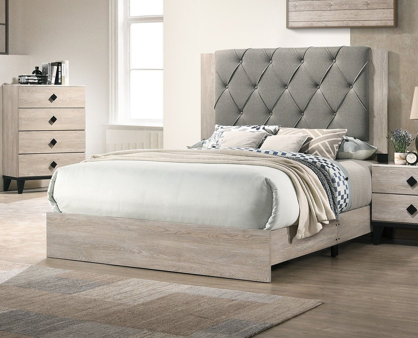 Contemporary 1pc Cream Finish California King Size Bed Bedroom Furniture Gray Tufted Design Headboard Rubberwood 1pc Bedframe - Discount Msrp