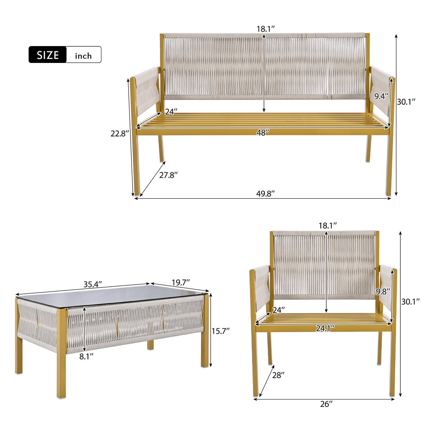 4-Piece Rope Patio Furniture Set, Outdoor Furniture with Tempered Glass Table, Patio Conversation Set Deep Seating with Thick Cushion for Backyard Porch Balcony - Discount Msrp