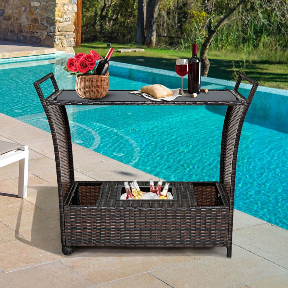 Patio Rattan Bar Serving Cart with Glass Top and Handle - Discount Msrp