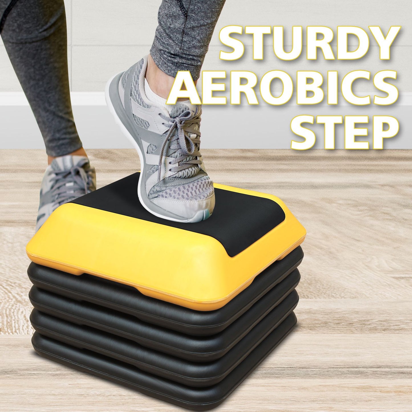 Height-Adjustable Step Aerobics Platform Fitness Equipment Stepper Trainer Exercise Step Platform with 4 Riser Yellow - Discount Msrp
