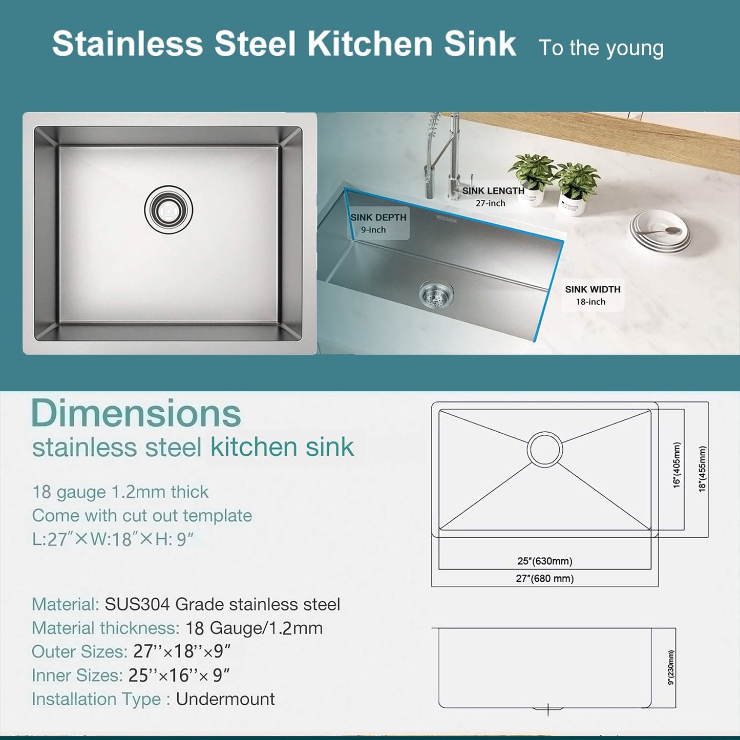 Undermount Sink; 27" x 18" Single Bowl Kitchen Sink - Discount Msrp