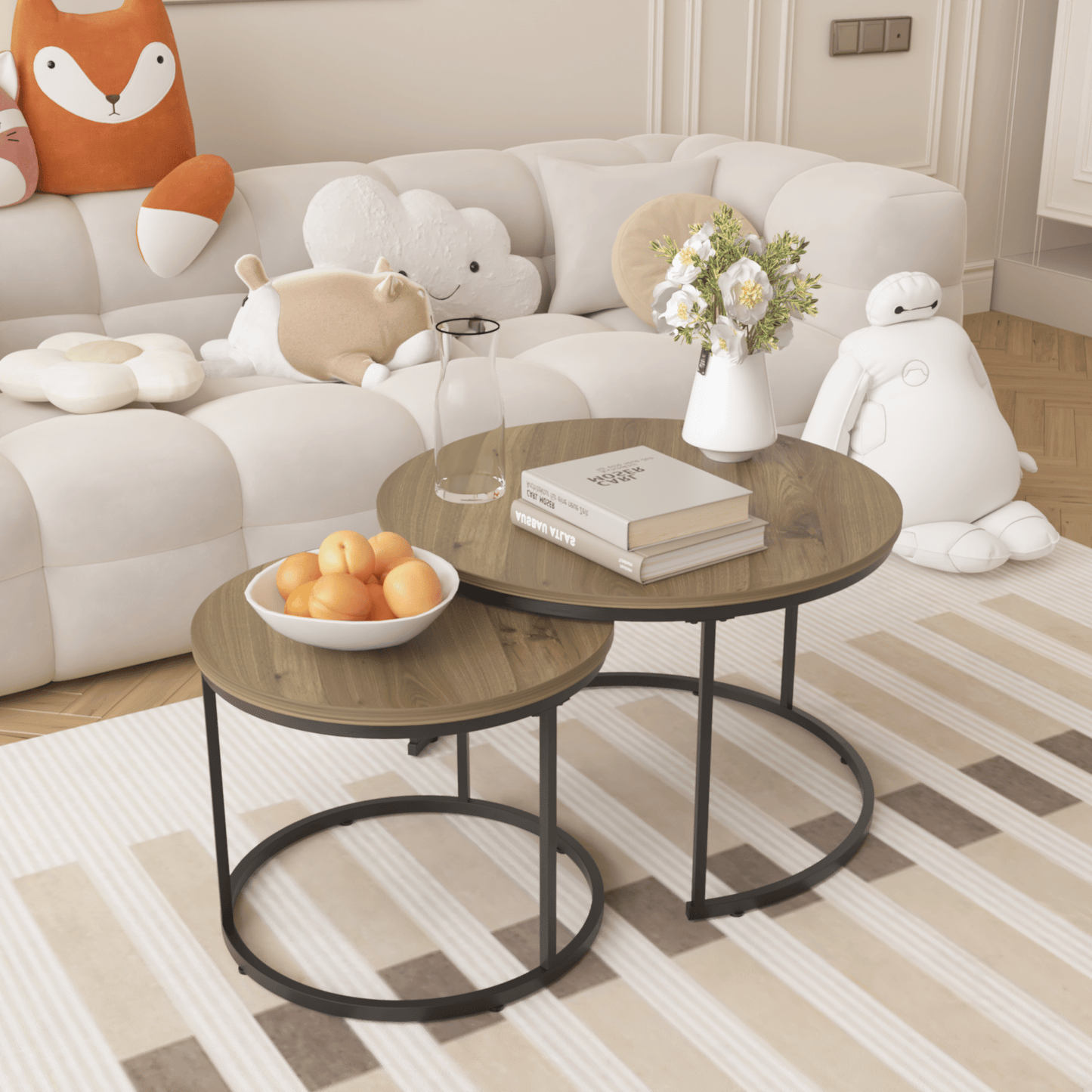 Nesting Coffee Table Set of 2, 27.6inch Round Coffee Table Industrial Wood Finish with Sturdy Metal Frame, End Table Side Tables for Living Room Bedroom Balcony Yard - Discount Msrp