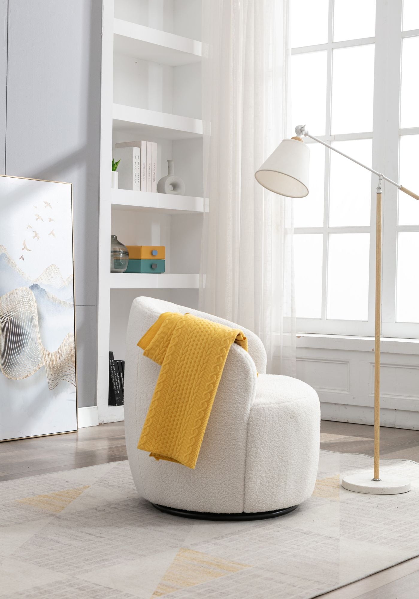 Teddy Fabric Swivel Accent Armchair Barrel Chair With Black Powder Coating Metal Ring,Ivory White - Discount Msrp
