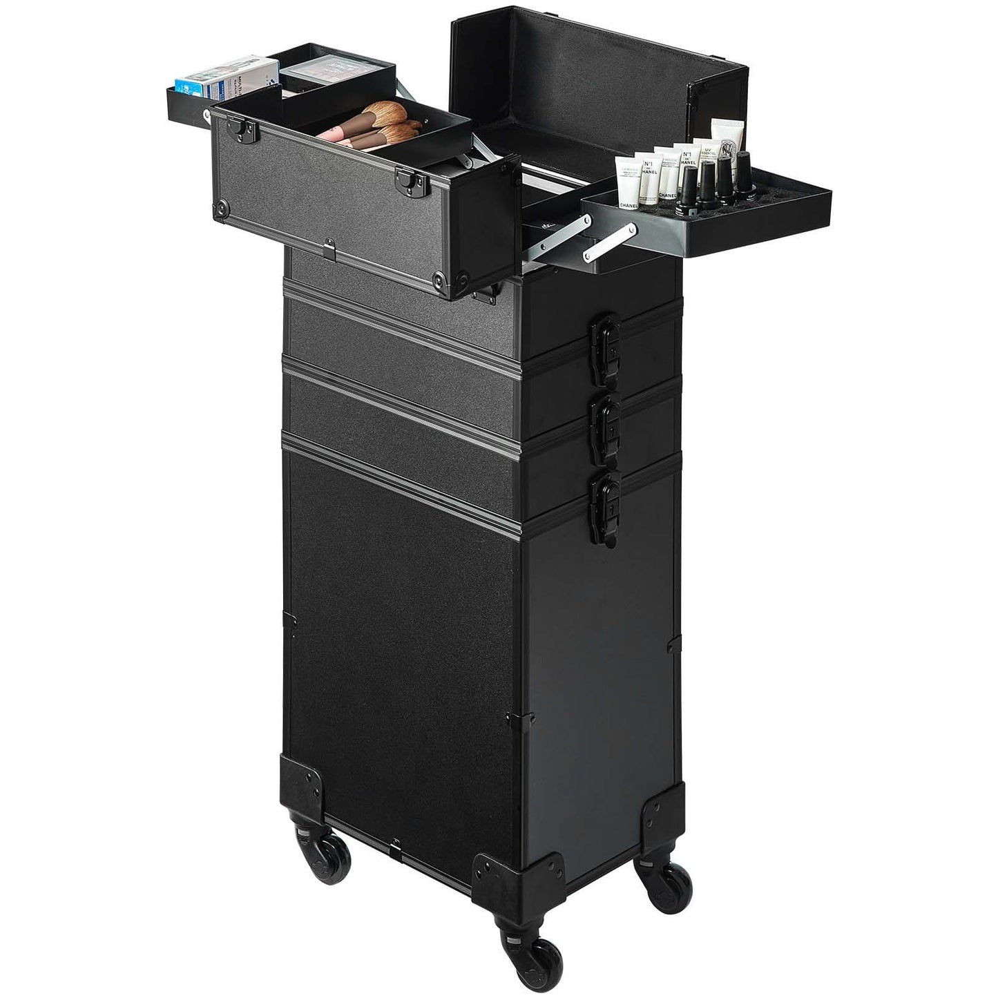 VEVOR 5 in 1 Professional Makeup Train Case Aluminum Cosmetic Case, Rolling Makeup Case Extra Large Trolley Makeup Travel Organizer, with 360° Swivel Wheels & Adjustable Pull Rod, Black - Discount Msrp