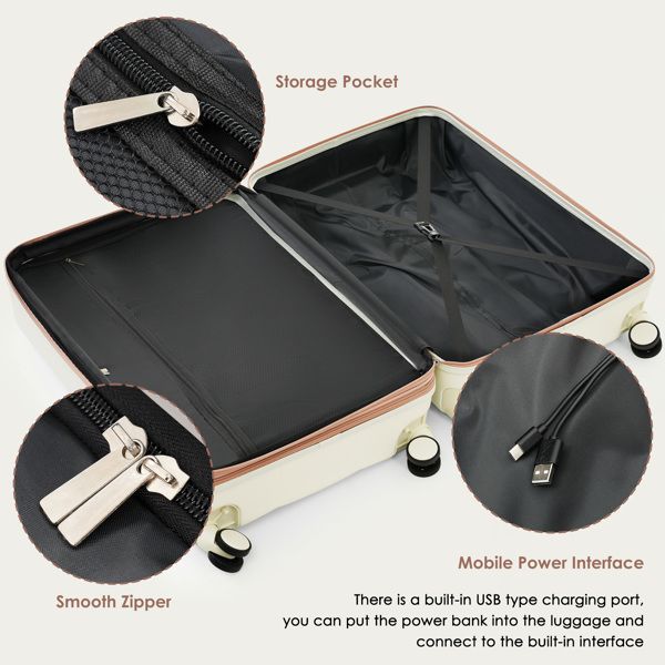 Luggage Sets 3 Piece, 20-inch with USB Port and front opening design, ABS Hard Shell Luggage with Spinner Wheels, Cup Holder, white - Discount Msrp