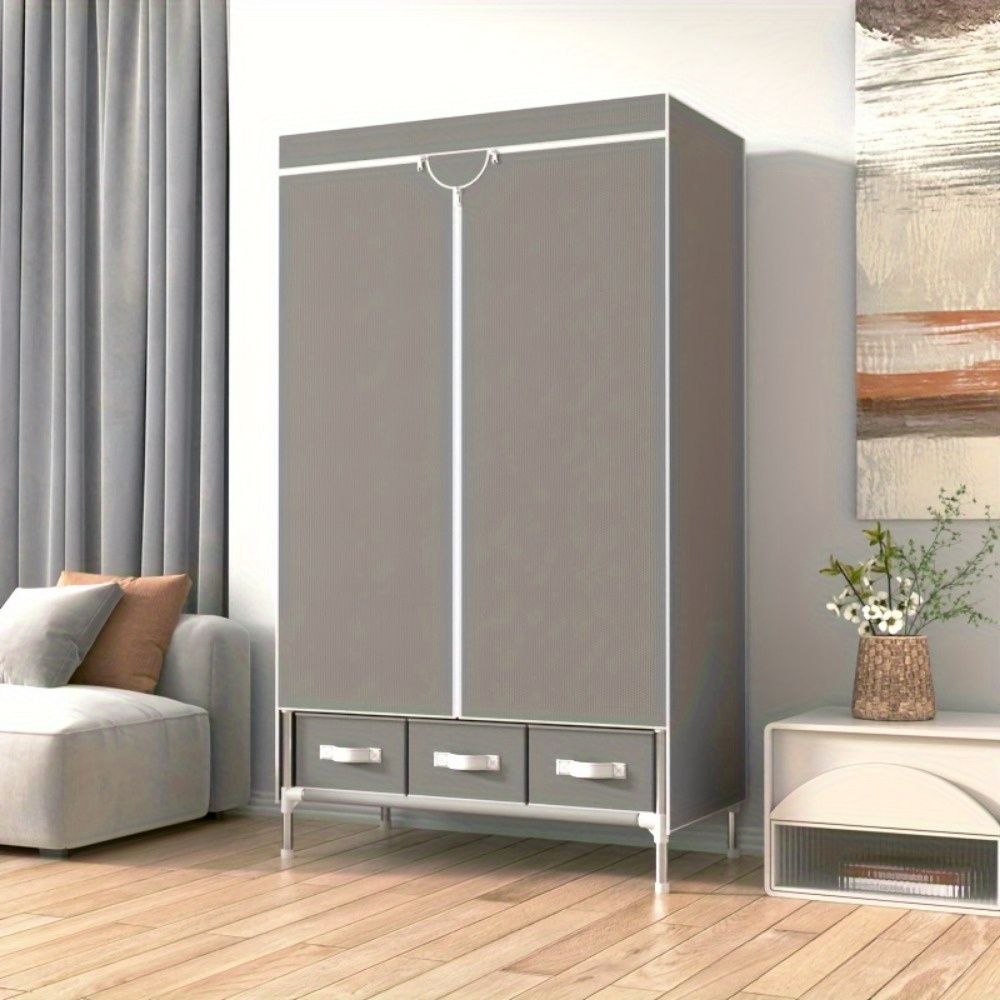Portable Clothes Closet Rolling Door Wardrobe with Hanging Rack Non-Woven Fabric Storage Organizer with Three Drawer Boxes No-Tool Assembly - 67in*35.4in*17.7in(Gray) - Discount Msrp