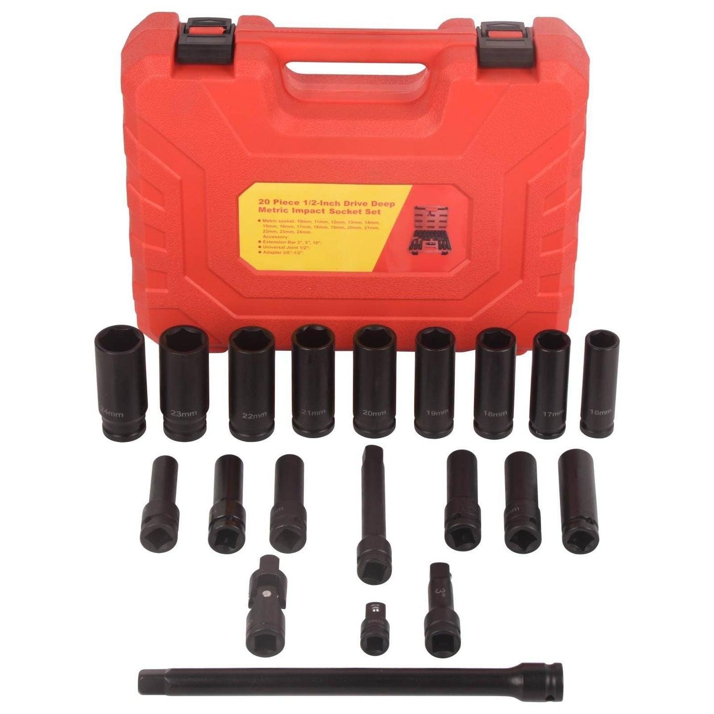1/2" Drive Deep Impact Socket Set, 20Pcs Socket Set, 3',5',10' Extension Bars,3/8" to 1/2" Universal Joint, for use in all types of automotive or mechanical equipment - Discount Msrp