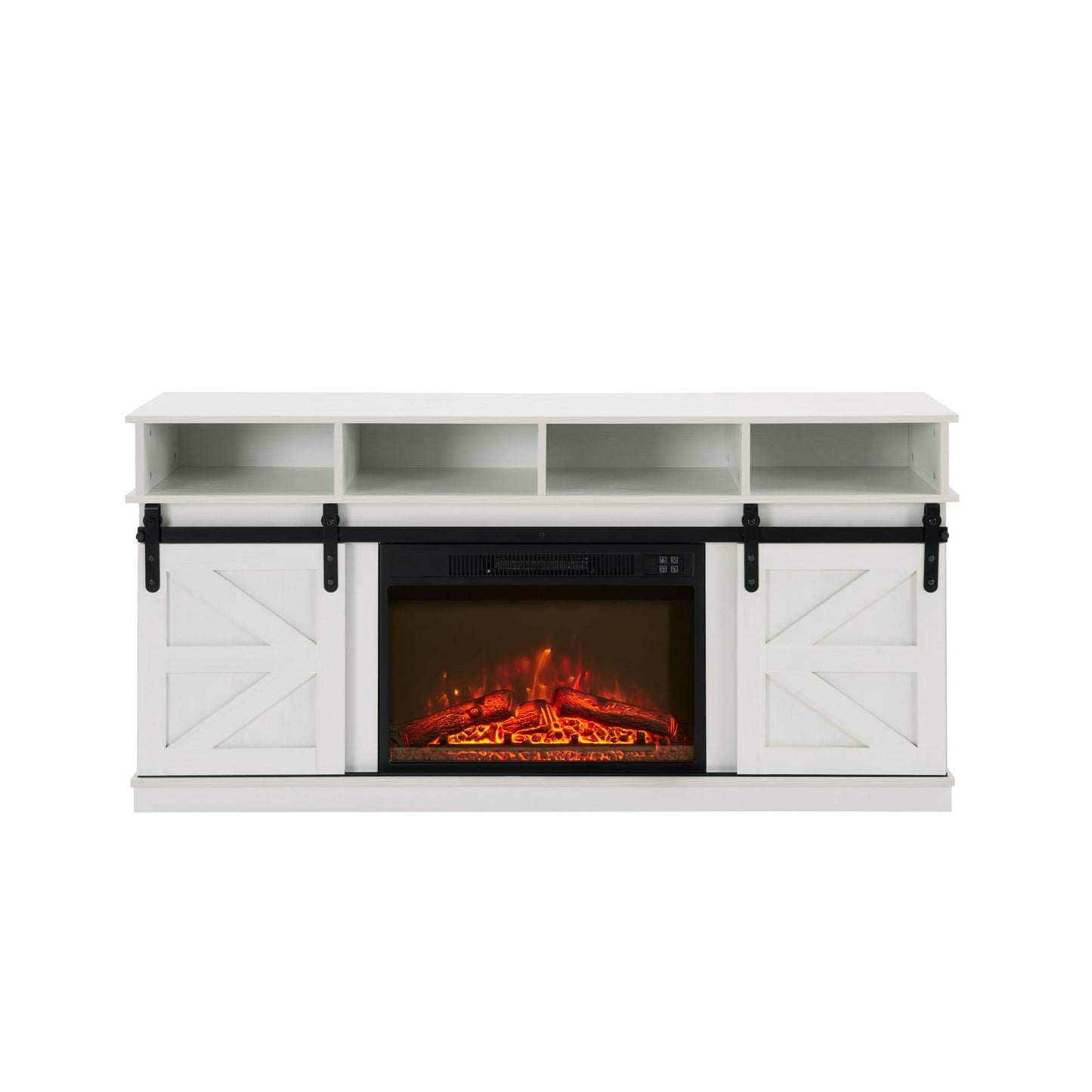 Modern Farmhouse TV Media Stand, Large Barn Inspired Home Entertainment Console, with 23" Fireplace Insert, for TV Up to 65'', with Open Shelves and Closed Cabinets, White - Discount Msrp