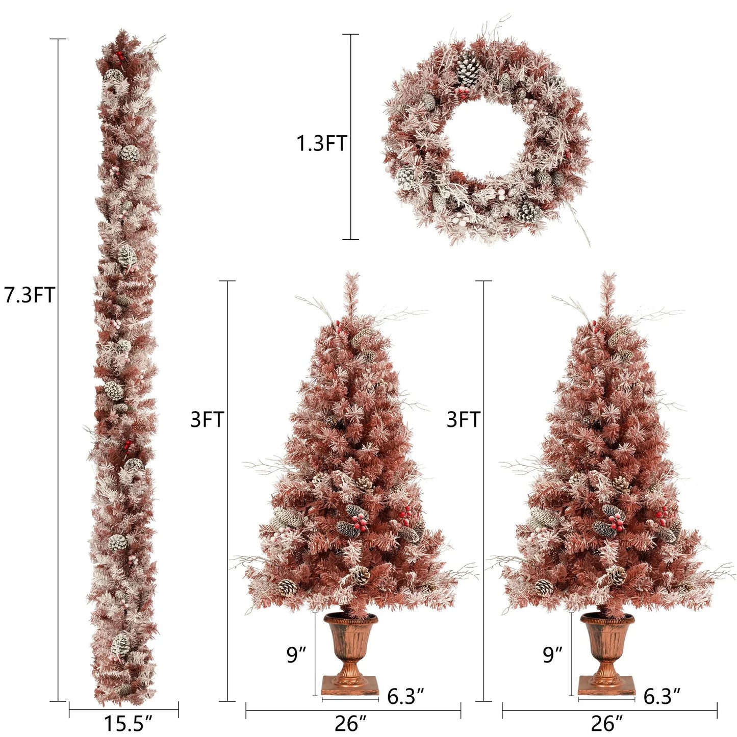 GO 4-Pieces Set Artificial Christmas Tree, Brown Needles with flocking, with Warm Lights, pine cones and berries, Artificial Tree for door and fireplace - Discount Msrp