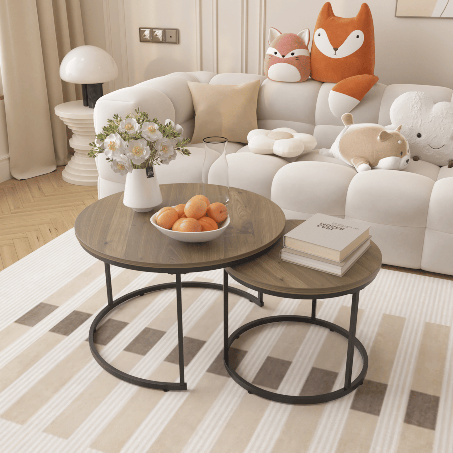 Nesting Coffee Table Set of 2, 27.6inch Round Coffee Table Industrial Wood Finish with Sturdy Metal Frame, End Table Side Tables for Living Room Bedroom Balcony Yard - Discount Msrp
