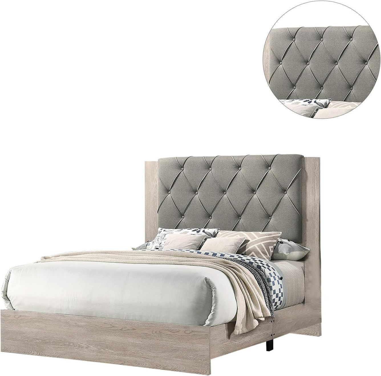 Contemporary 1pc Cream Finish California King Size Bed Bedroom Furniture Gray Tufted Design Headboard Rubberwood 1pc Bedframe - Discount Msrp