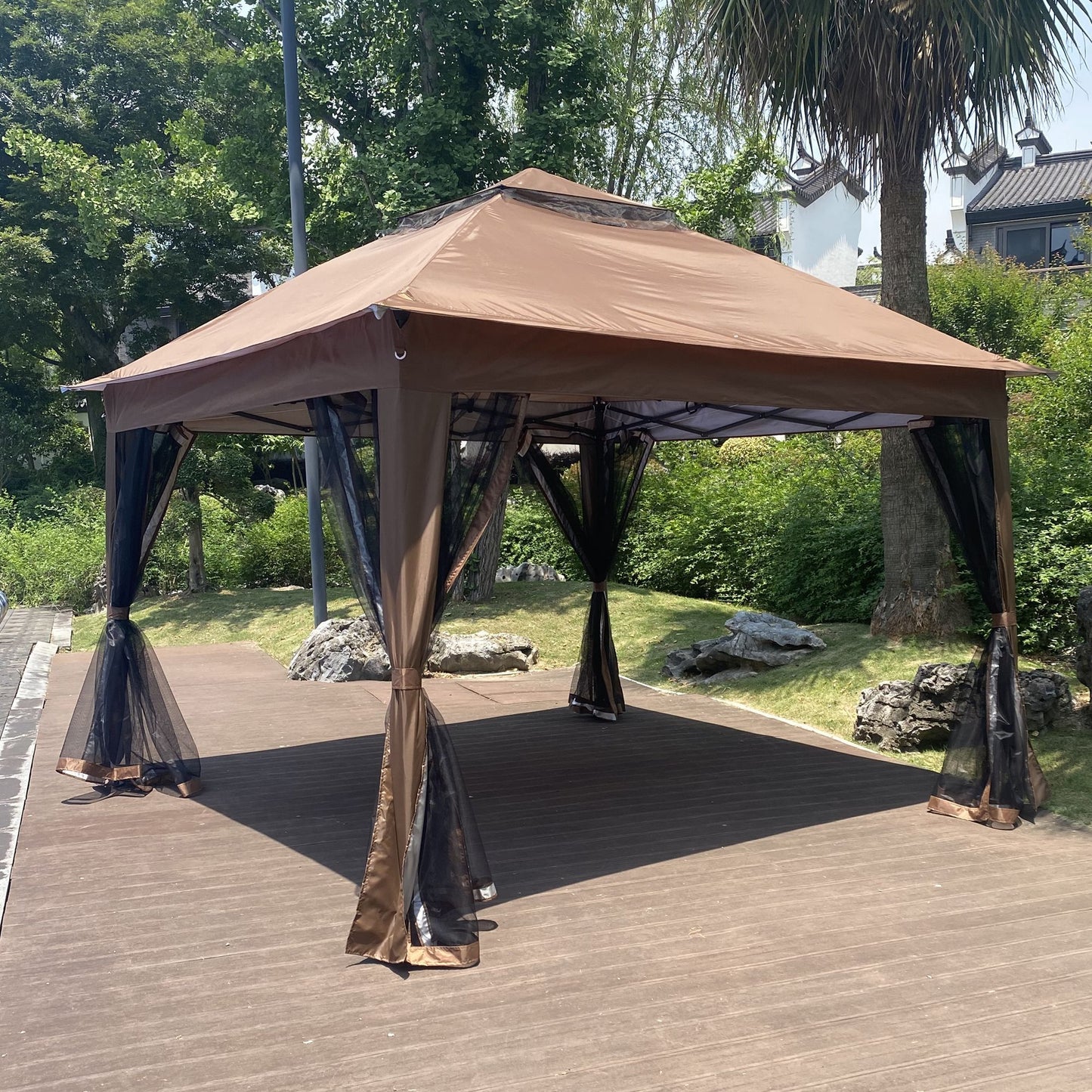 Outdoor 11x 11Ft Pop Up Gazebo Canopy With Removable Zipper Netting,2-Tier Soft Top Event Tent,Suitable For Patio Backyard Garden Camping Area with 4 Sandbags,Brown - Discount Msrp
