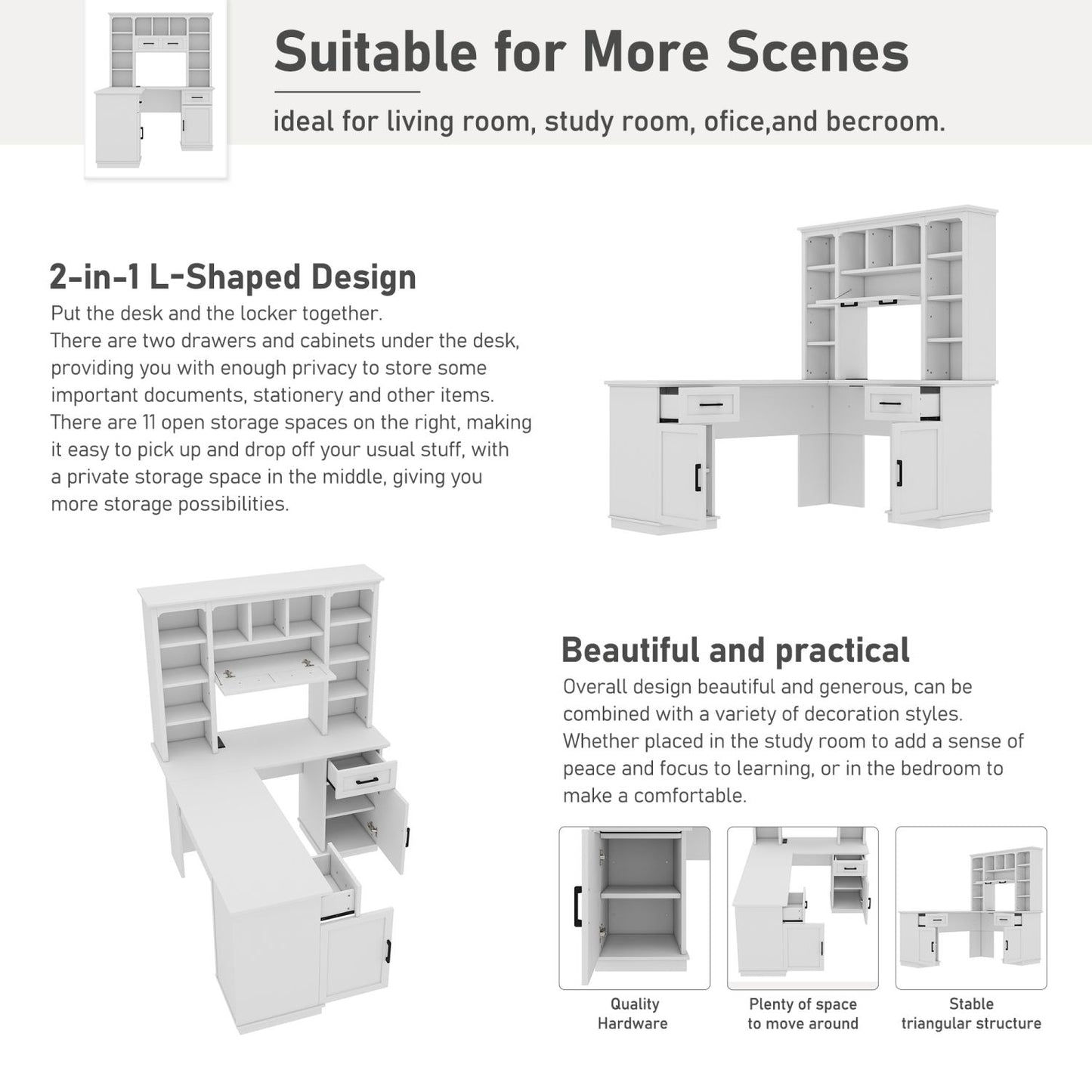 L-Shaped Computer Desk with 2 Cabinets and 2 Drawers, 11 Open Shelves and 1 Right Flip Shelf with Storage, with Power Outlet, for Study, Living Room and Office, White - Discount Msrp