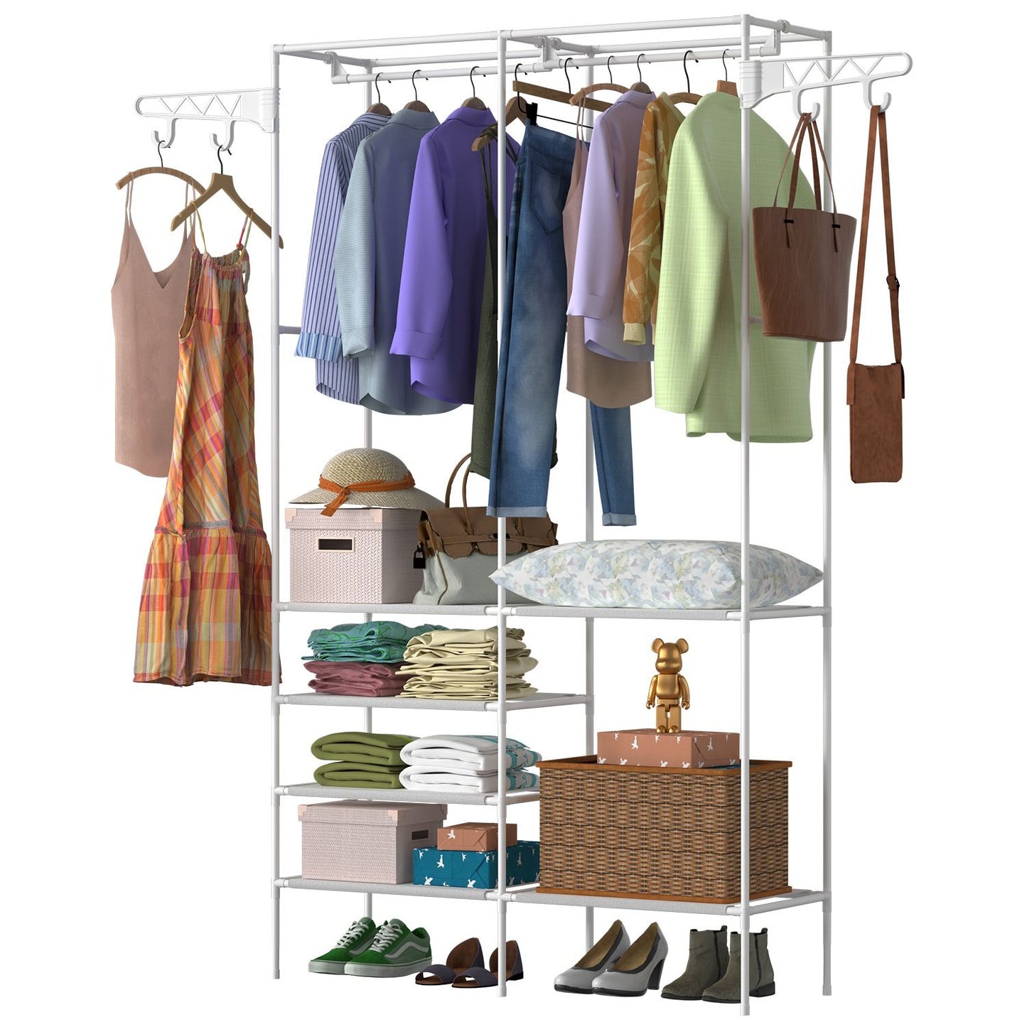 Metal Garment Rack Shoe Clothing Organizer Shelves Freestanding Multifunctional Clothes Wardrobe - Discount Msrp
