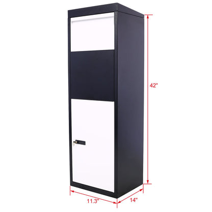 Package Delivery Box, 14'' x 11.3'' x 42'', Galvanized Steel Parcel Mailbox w/Code Lock & Mounting Hardware, for Outdoor Porch, Curbside, Black and White - Discount Msrp 