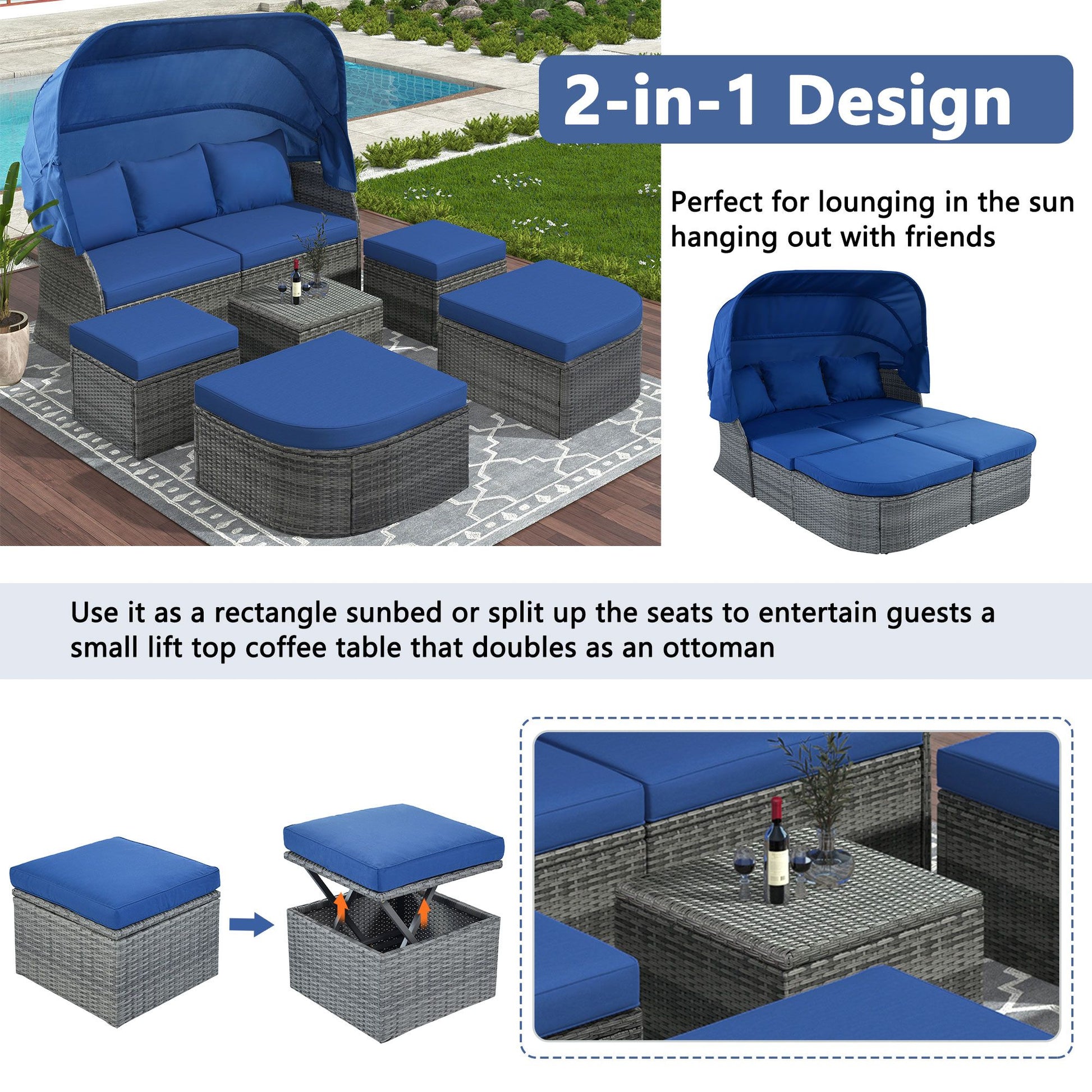 Outdoor Patio Furniture Set Daybed Sunbed with Retractable Canopy Conversation Set Wicker Furniture - Discount Msrp 