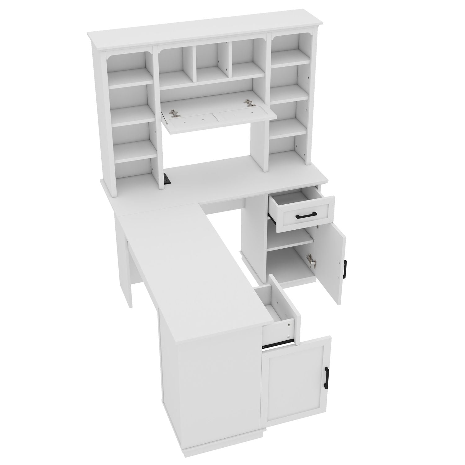 L-Shaped Computer Desk with 2 Cabinets and 2 Drawers, 11 Open Shelves and 1 Right Flip Shelf with Storage, with Power Outlet, for Study, Living Room and Office, White - Discount Msrp 