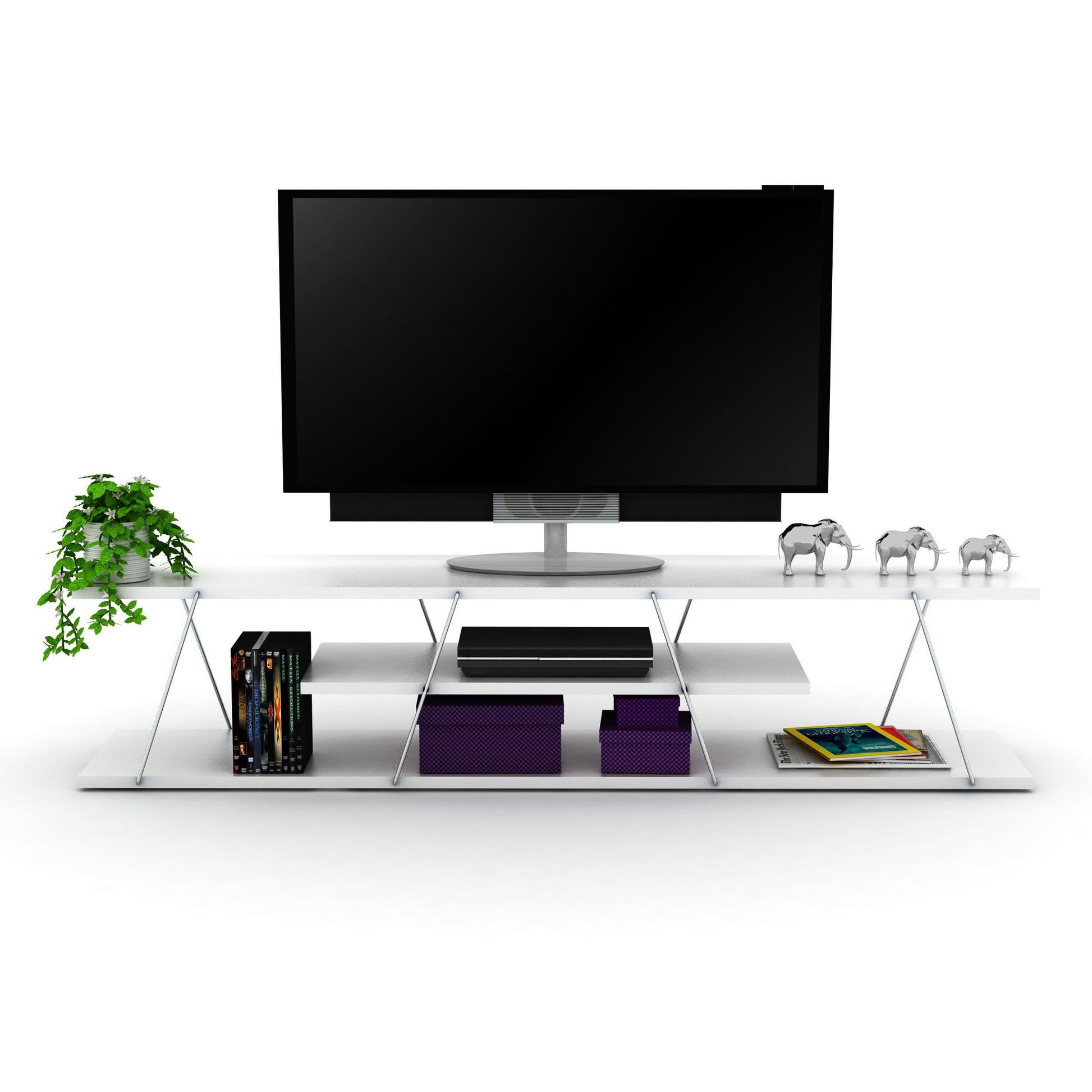 FurnisHome Store Tars Mid Century Modern Tv Stand 4 Shelves Open Storage Metal Cords Entertainment Centre 56 inch Low Tv Unit, White/Chrome - Discount Msrp 