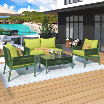 4-Piece Rope Patio Furniture Set, Outdoor Furniture with Tempered Glass Table, Patio Conversation Set Deep Seating with Thick Cushion for Backyard Porch Balcony - Discount Msrp 