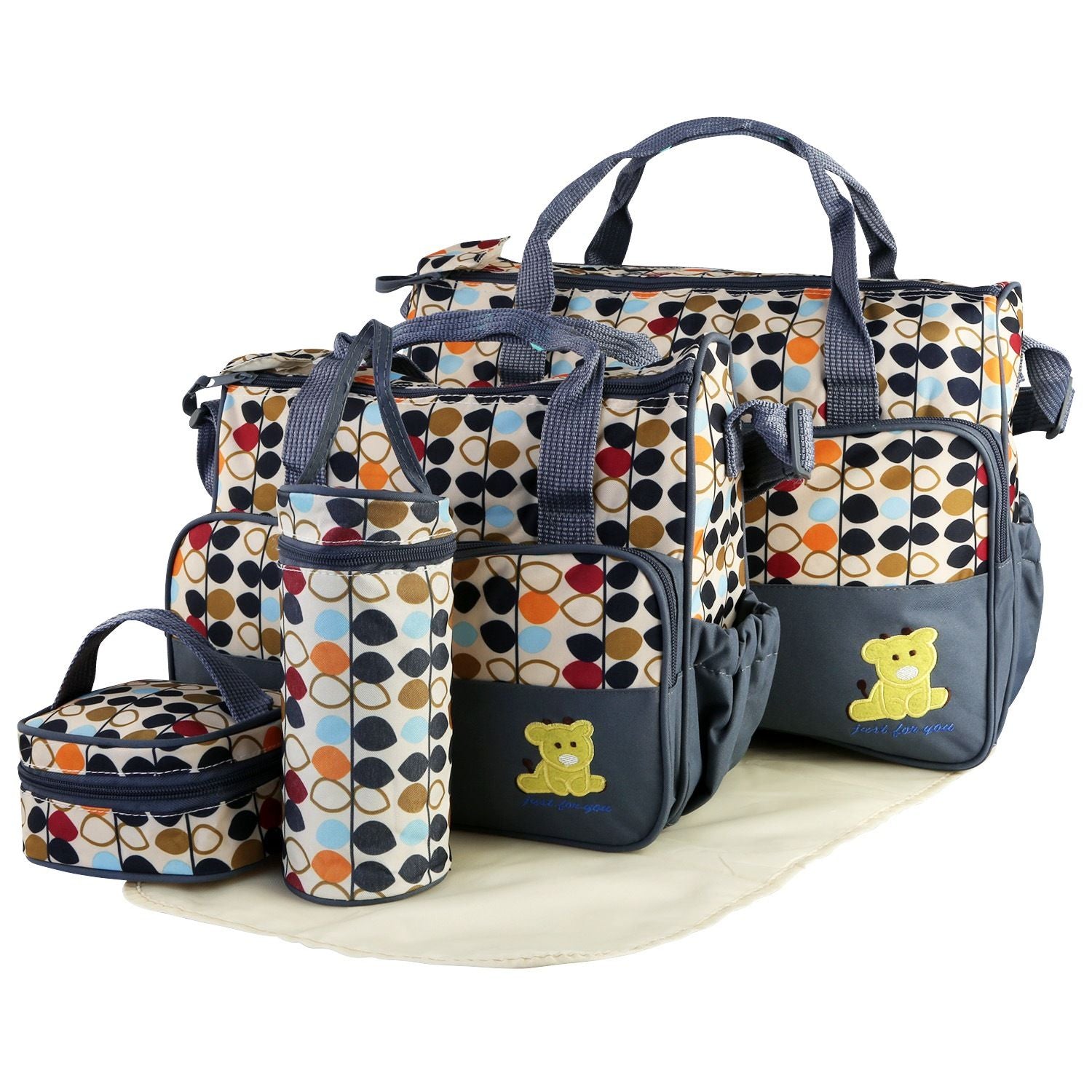 5PCS Baby Nappy Diaper Bags Set Mummy Diaper Shoulder Bags w/ Nappy Changing Pad Insulated Pockets Travel Tote Bags - Discount Msrp 